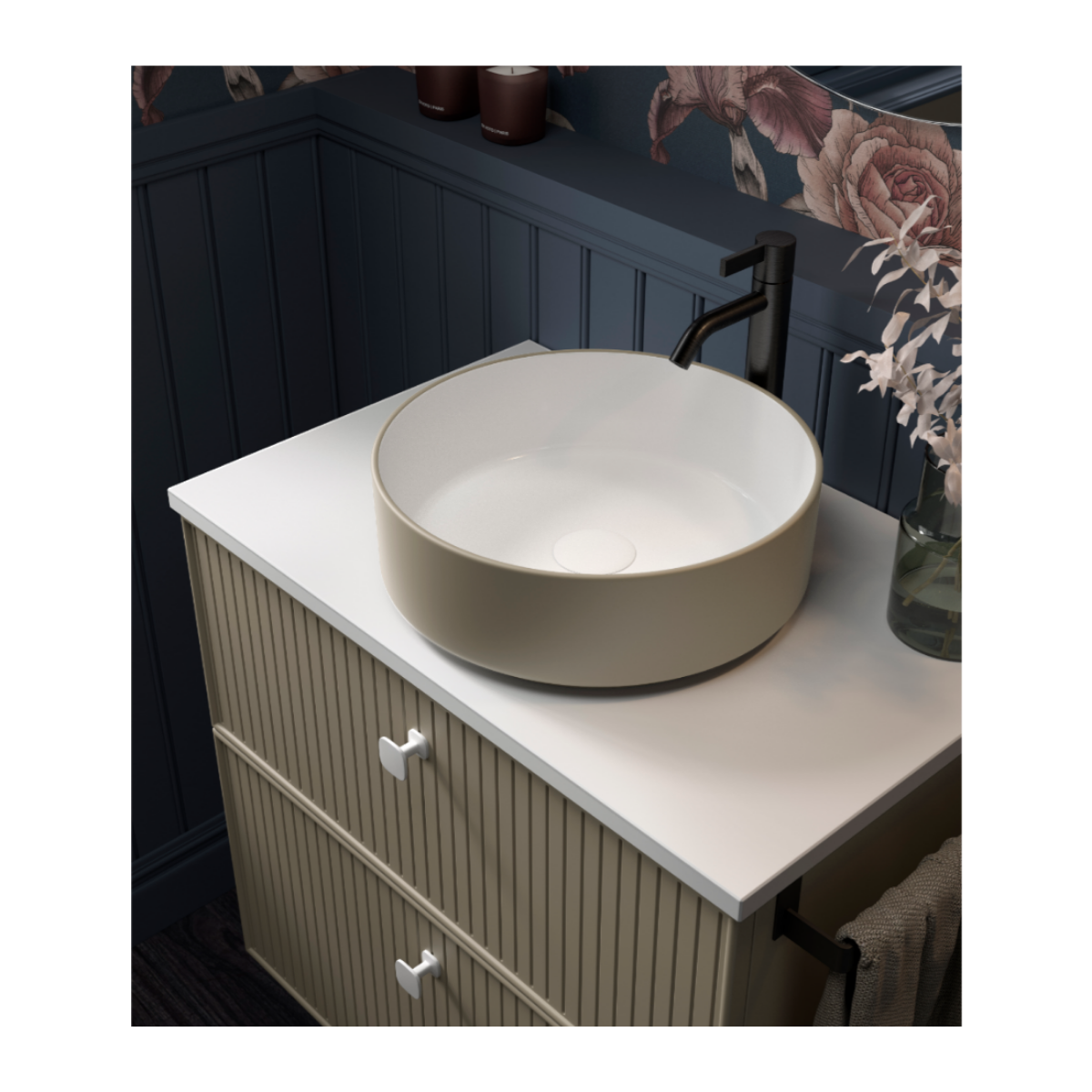 Mueble de baño color nude colección Blanca Avila Dos con lavabo sobre encimera Kolores de 1 seno y 2 cajones suspendidos Errefe Home