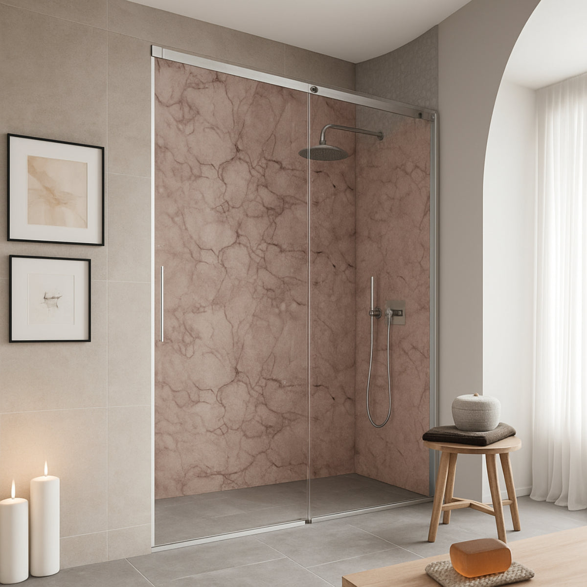 Baño moderno con mampara acogedora Luna cristal templado diseño contemporáneo Errefe Home