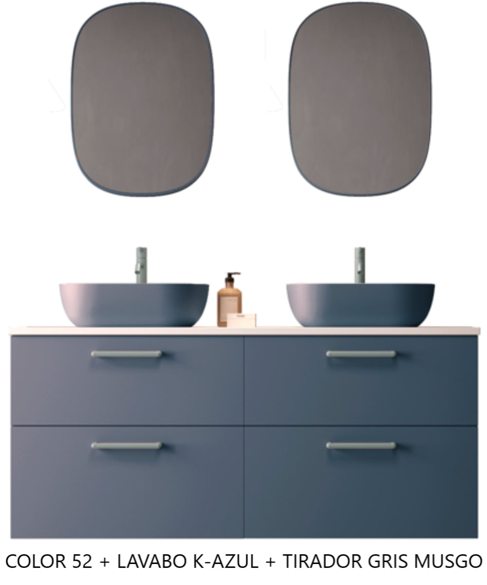 Mueble de baño Carmen 4 cajones suspendidos con lavabo ovalado sobre encimera color K-Azul tiradores Rigato gris musgo Avila Dos Errefe Home