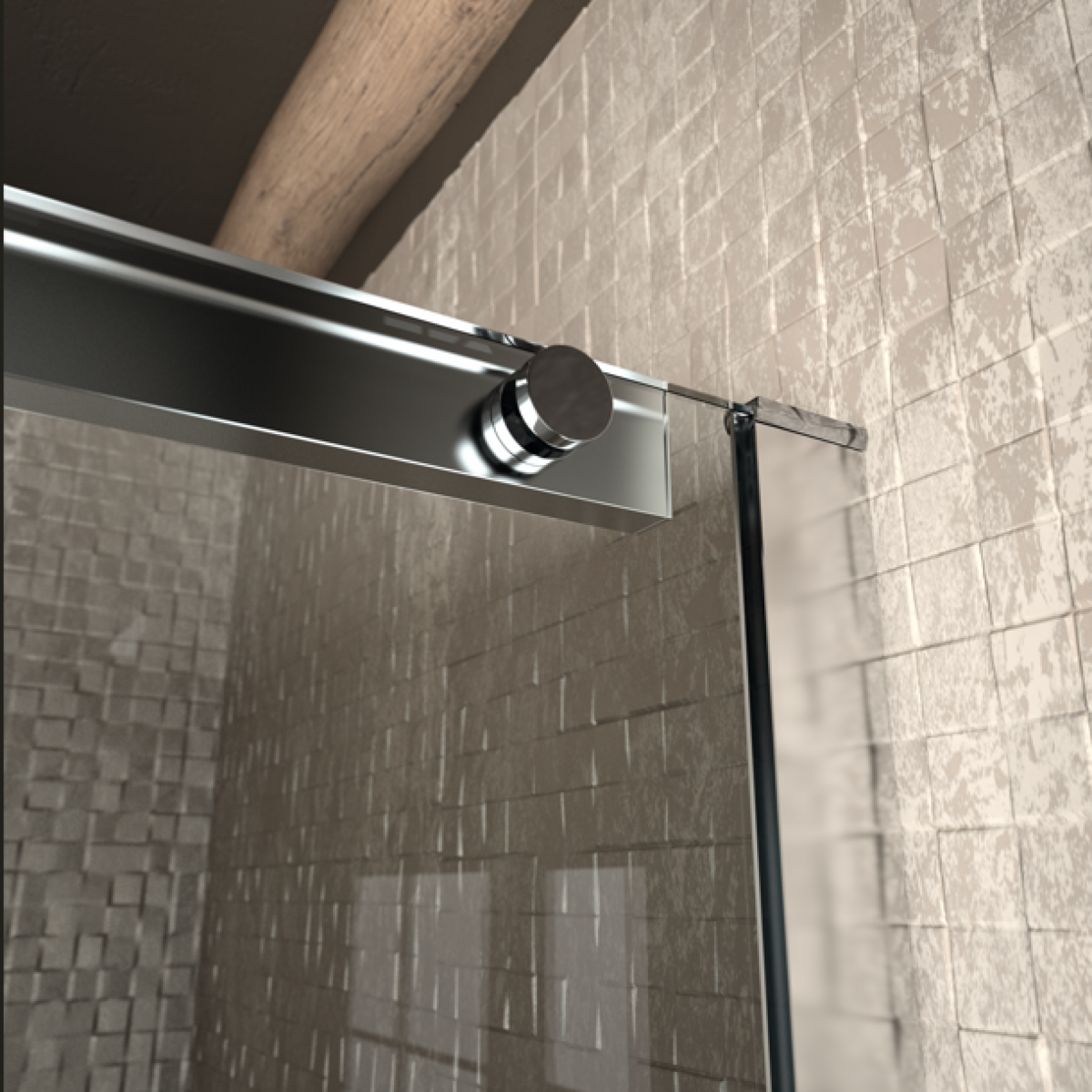 Detalle mampara de ducha Luna Kassandra, perfil en plata brillo, cristal transparente, diseño estilizado, Errefe Home.