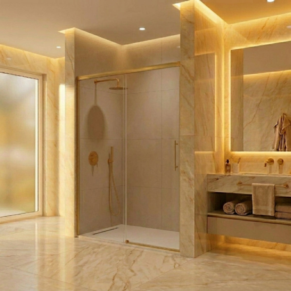 Mampara de ducha frontal con una puerta corredera y un fijo en acabado en Oro Cepillado modelo Urban de Kassandra - Errefe Home.