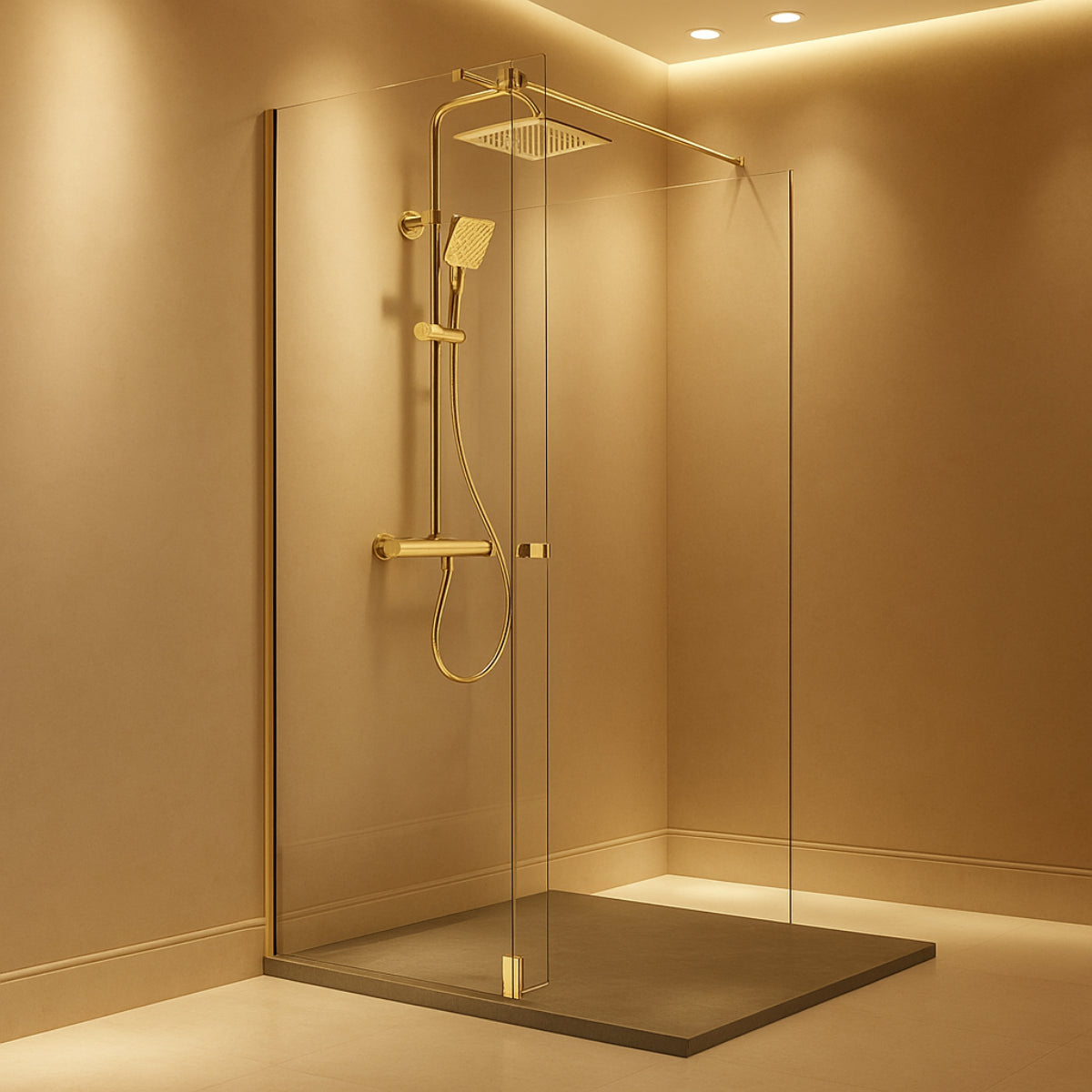 Mampara de ducha TUTTI Kassandra vidrios transparentes, fijo + extensión abatible con bisagra y perfil oro cepillado, diseño y acabado avanzado, premium, Errefe Home
