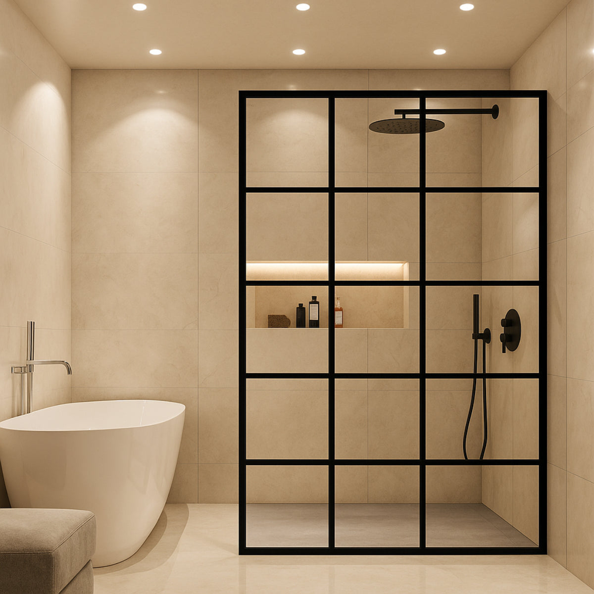 Mampara de ducha Fresh Kassandra, panel fijo con cristal serigrafiado negro acabado industrial en cuadros, diseño con glamour y elegancia, Errefe Home