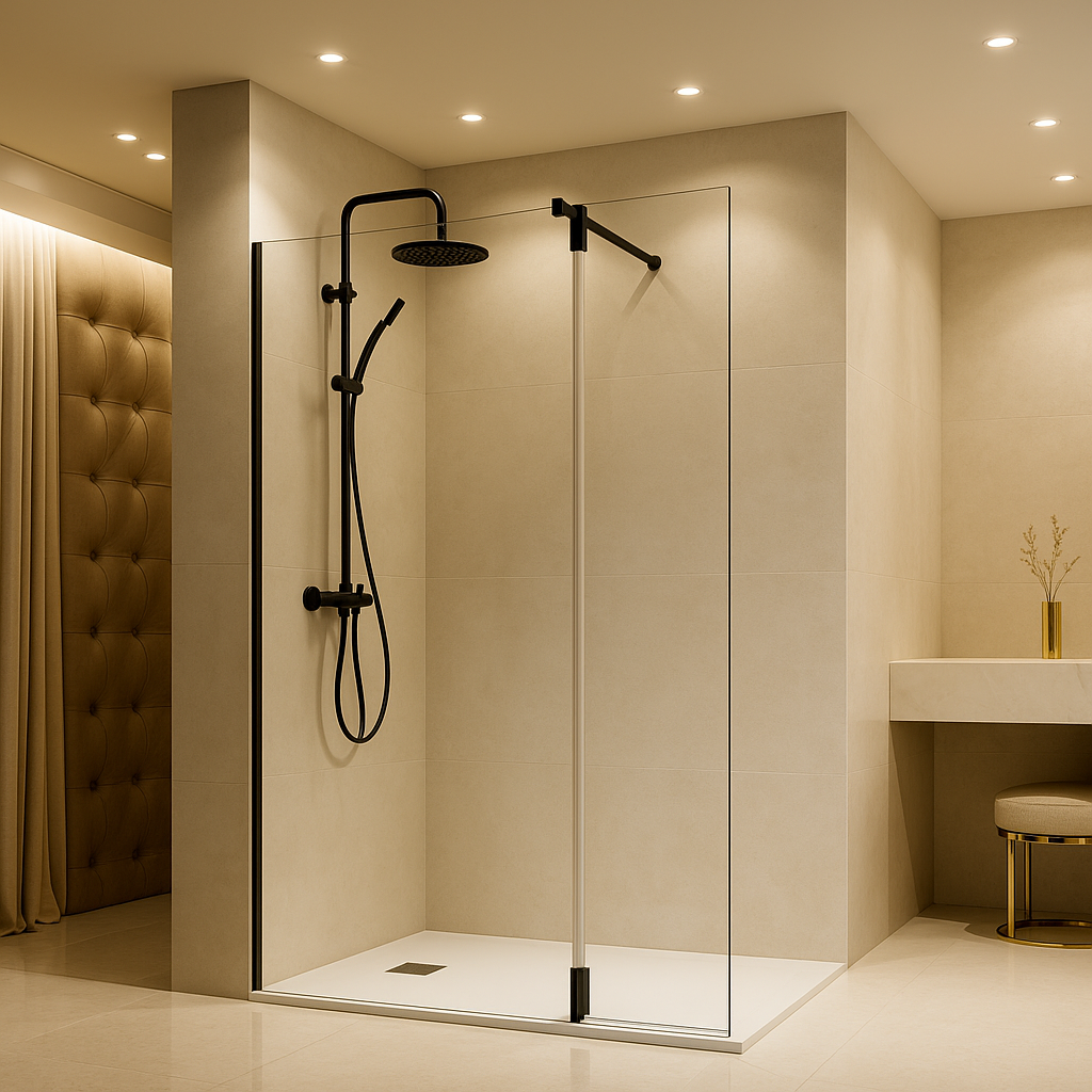 Mampara de ducha EXTENDED Becrisa vidrios transparentes, fijo + extensión abatible, herrajes en negro mate, diseño premium y espacioso, Errefe Home