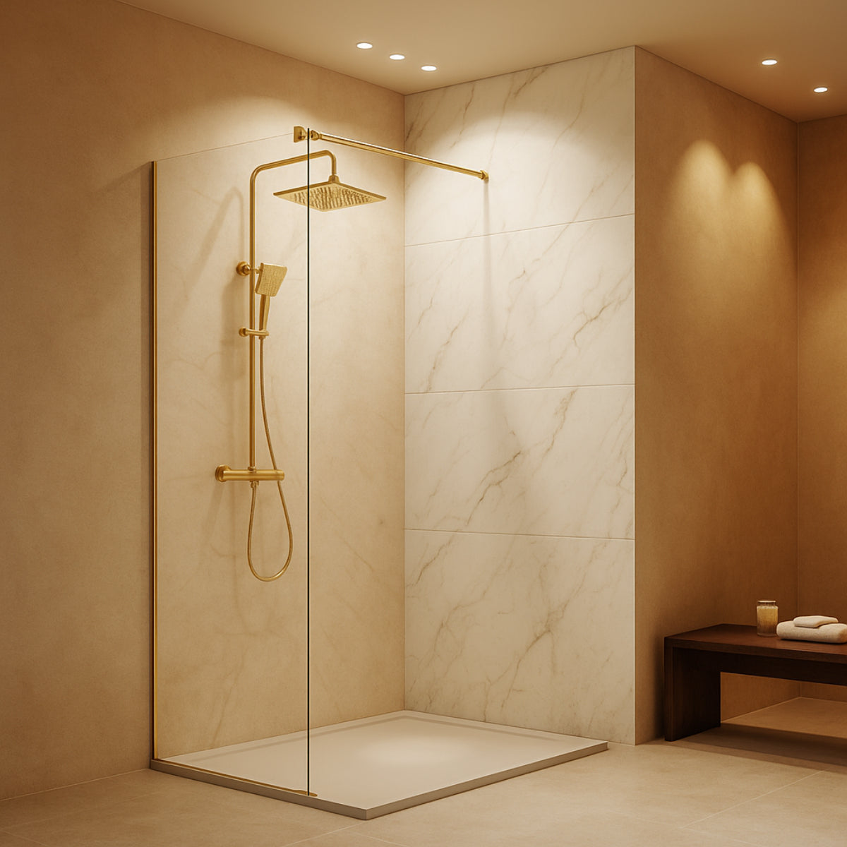 Mampara de ducha Fresh Kassandra, panel fijo de vidrio con perfil en oro cepillado, estilo moderno y elegante, Errefe Home