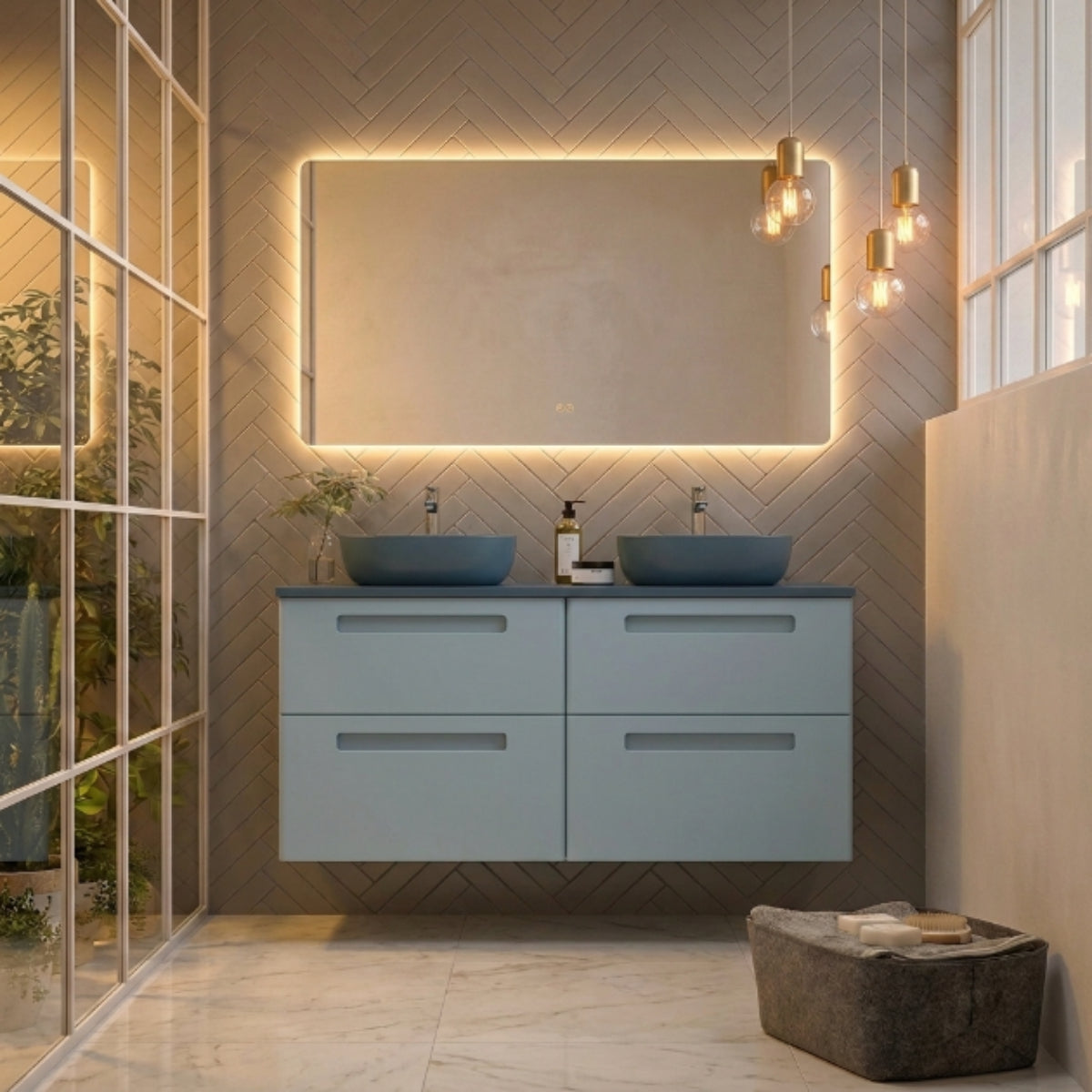 Mueble de baño 120 cm Paris color azul claro 4 cajones suspendidos con lavabo color azul y sobre encimera azul Avila Dos Errefe Home
