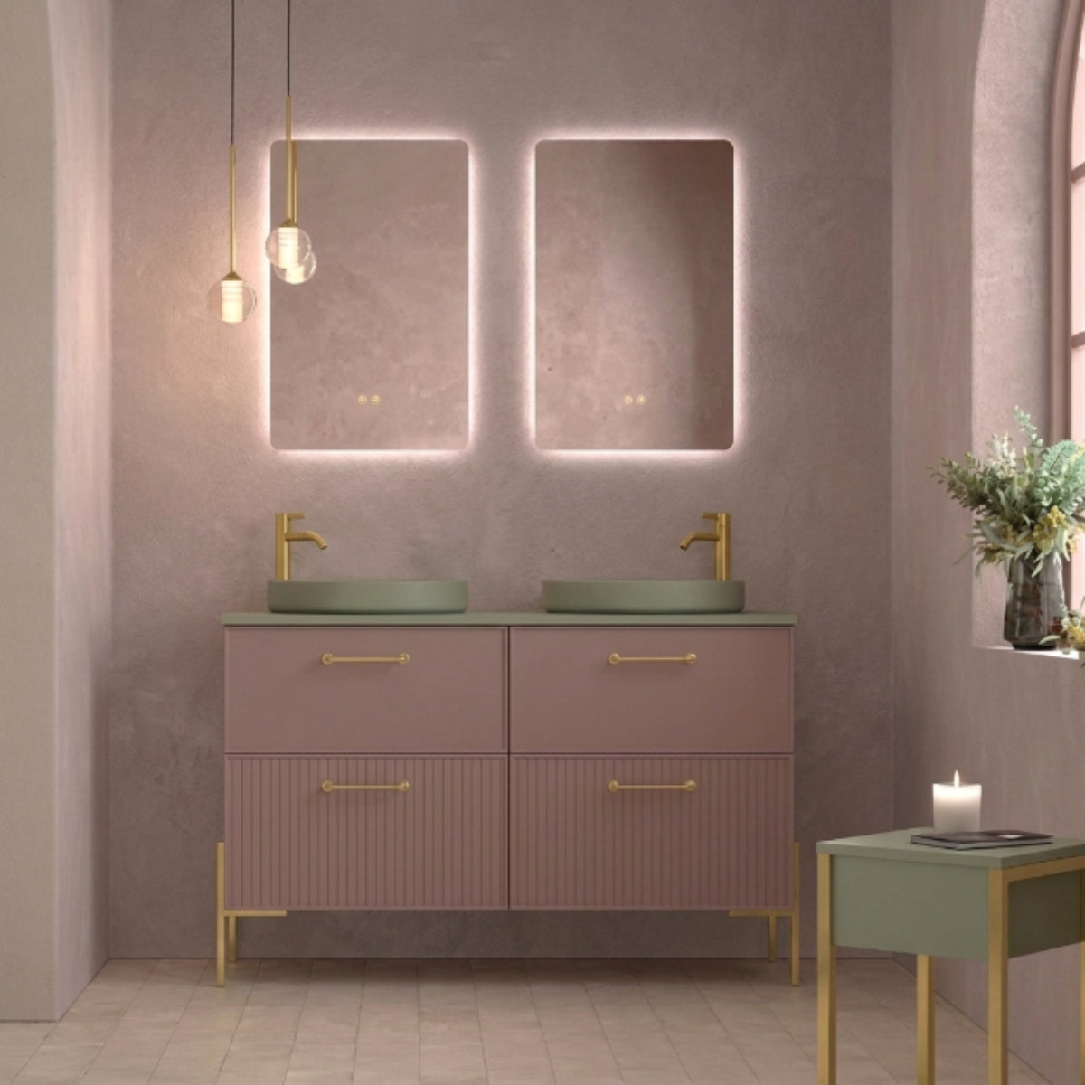 Mueble de baño 120 cm 4 cajones con patas LUNGO color Koral, 2 lavabos Sferik sobre encimera color Oliva Colección BLANCA. Avila Dos - Errefe Home