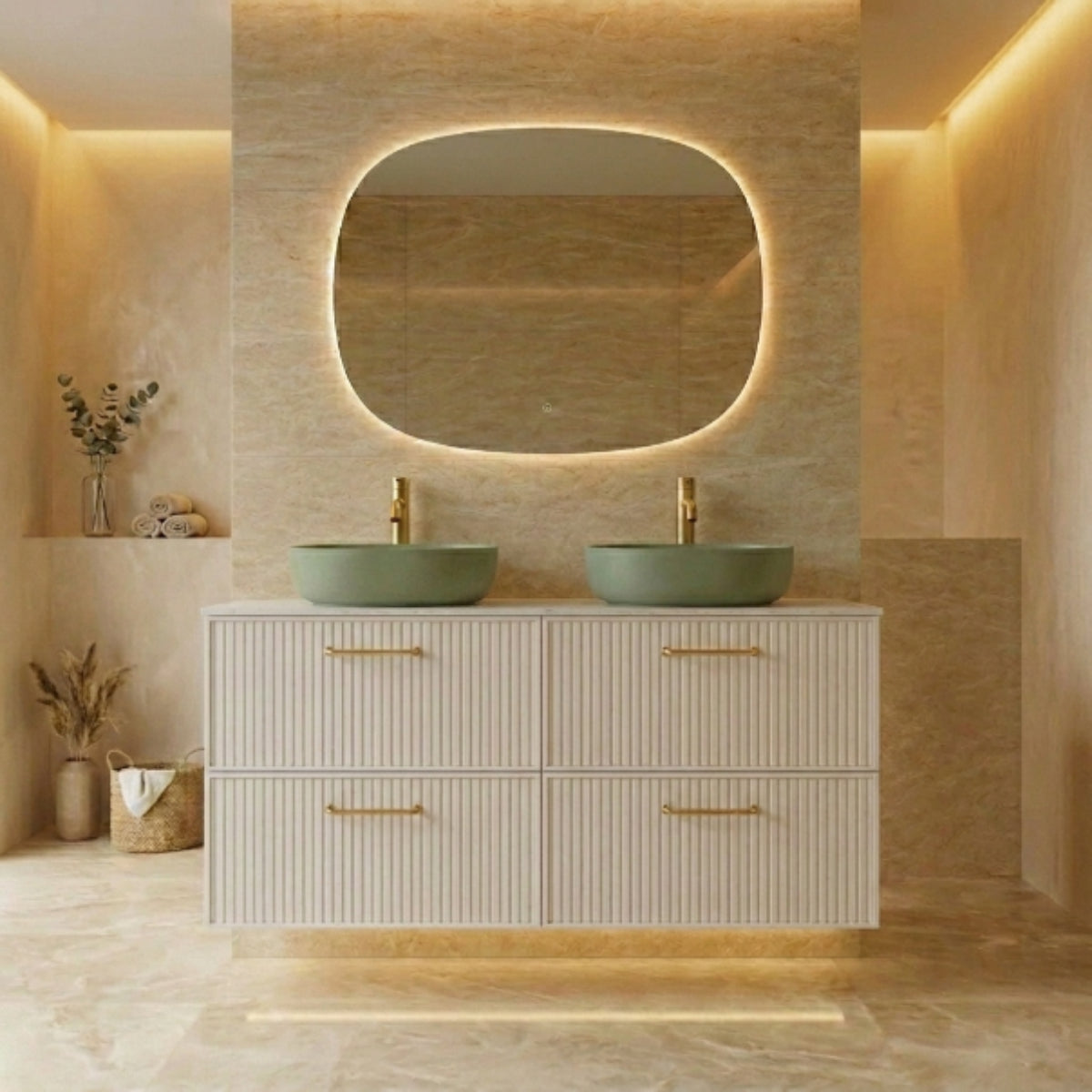 Mueble de baño 120 cm 4 cajones color blanco, 2 lavabos sobre encimera color K-NUDE Colección BLANCA. Avila Dos - Errefe Home