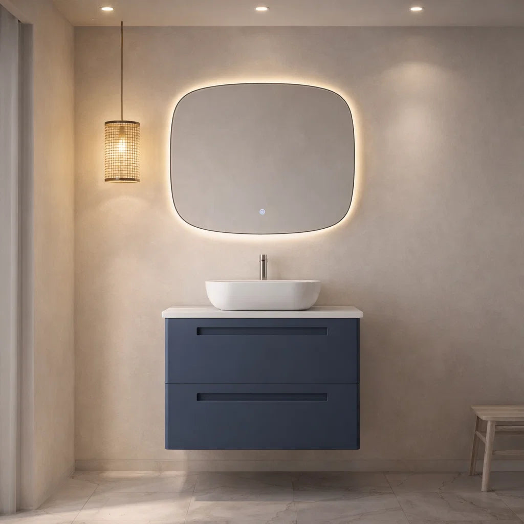 Mueble de baño 60 cm Paris 2 cajones suspendidos AZUL OSCURO con lavabo blanco sobre encimera Avila Dos Errefe Home