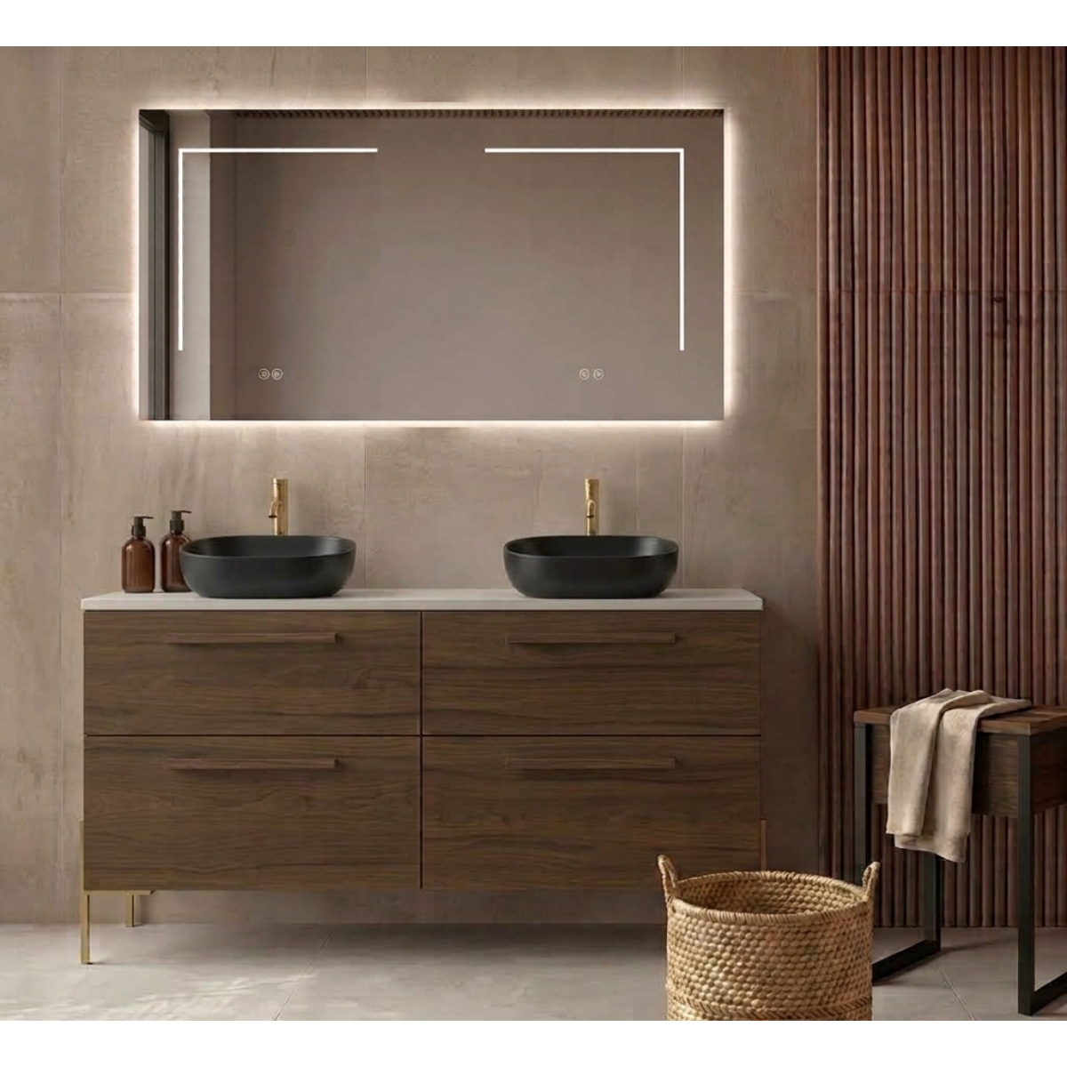 Mueble de baño 140 cm 4 cajones COLOR MADERA con patas LUNGO, 2 lavabos Ovalados sobre encimera color NEGRO Colección CARMEN. Avila Dos - Errefe Home