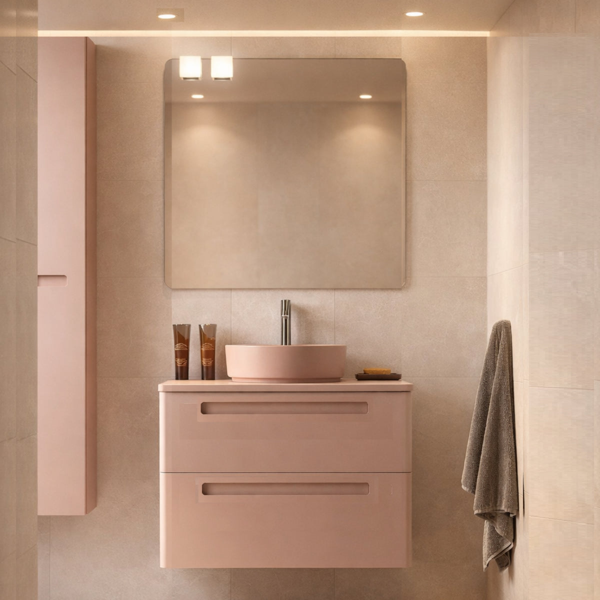 Mueble de baño 60 cm Paris 2 cajones color coral con lavabo sobre encimera Kolores Avila Dos Errefe Home