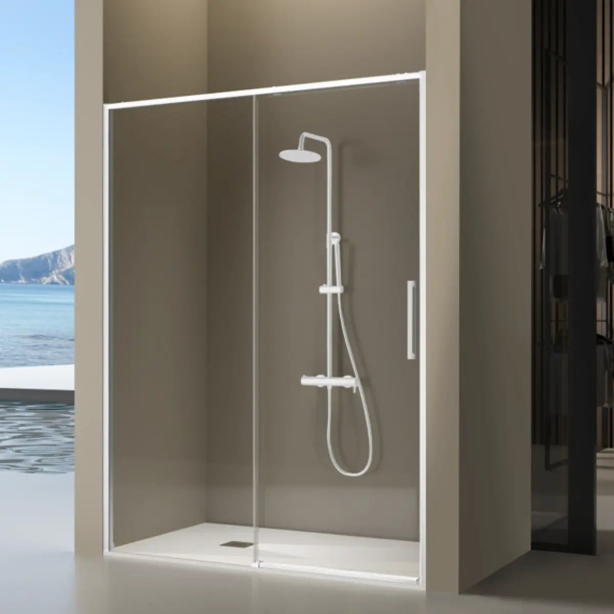 Mampara de ducha Delta Kassandra, 1 corredera + 1 fijo, perfil en blanco, cristal transparente, diseño estilizado y minimalista, Errefe Home