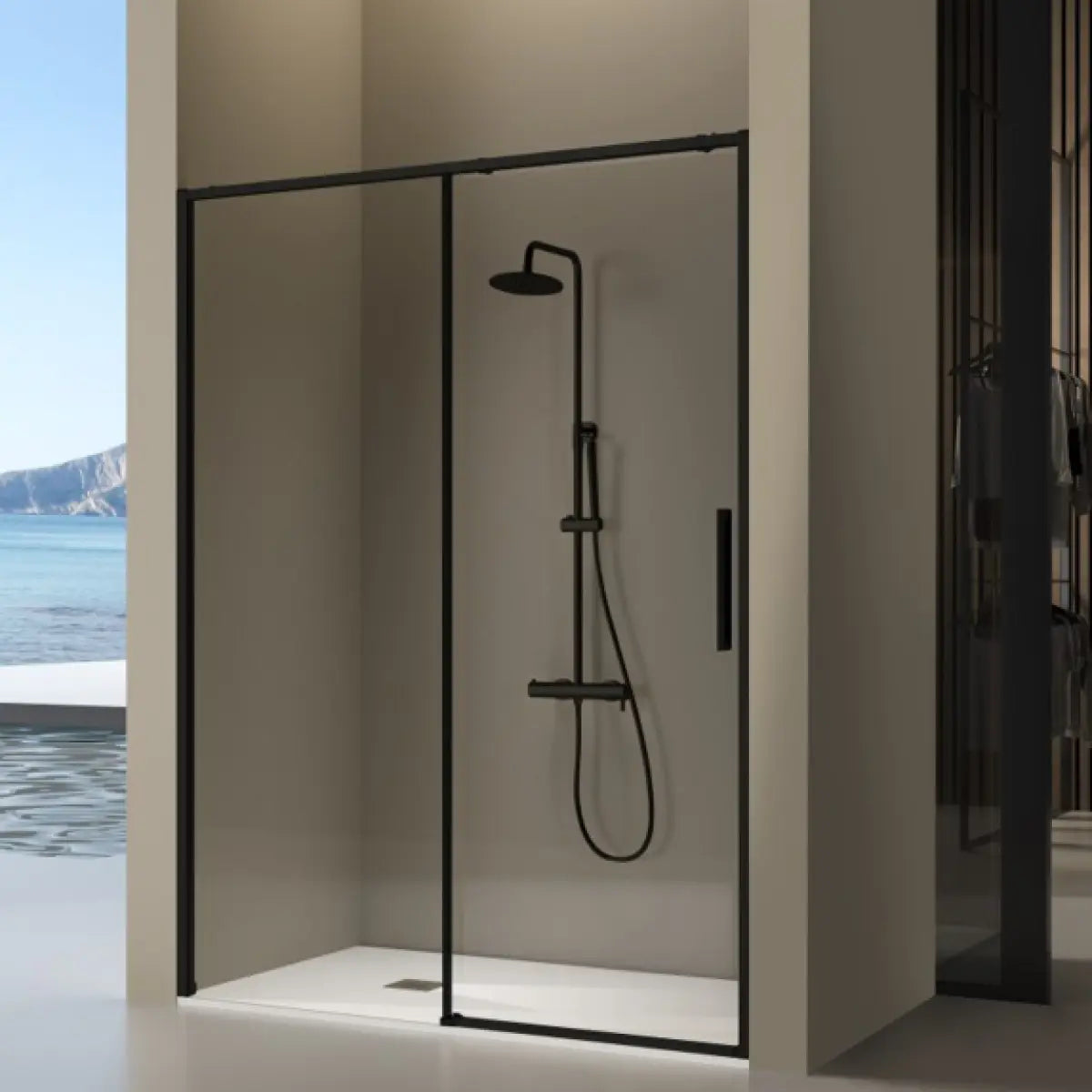Mampara de ducha Delta Kassandra, 1 corredera + 1 fijo, perfil en negro mate, cristal transparente, diseño estilizado y minimalista, Errefe Home