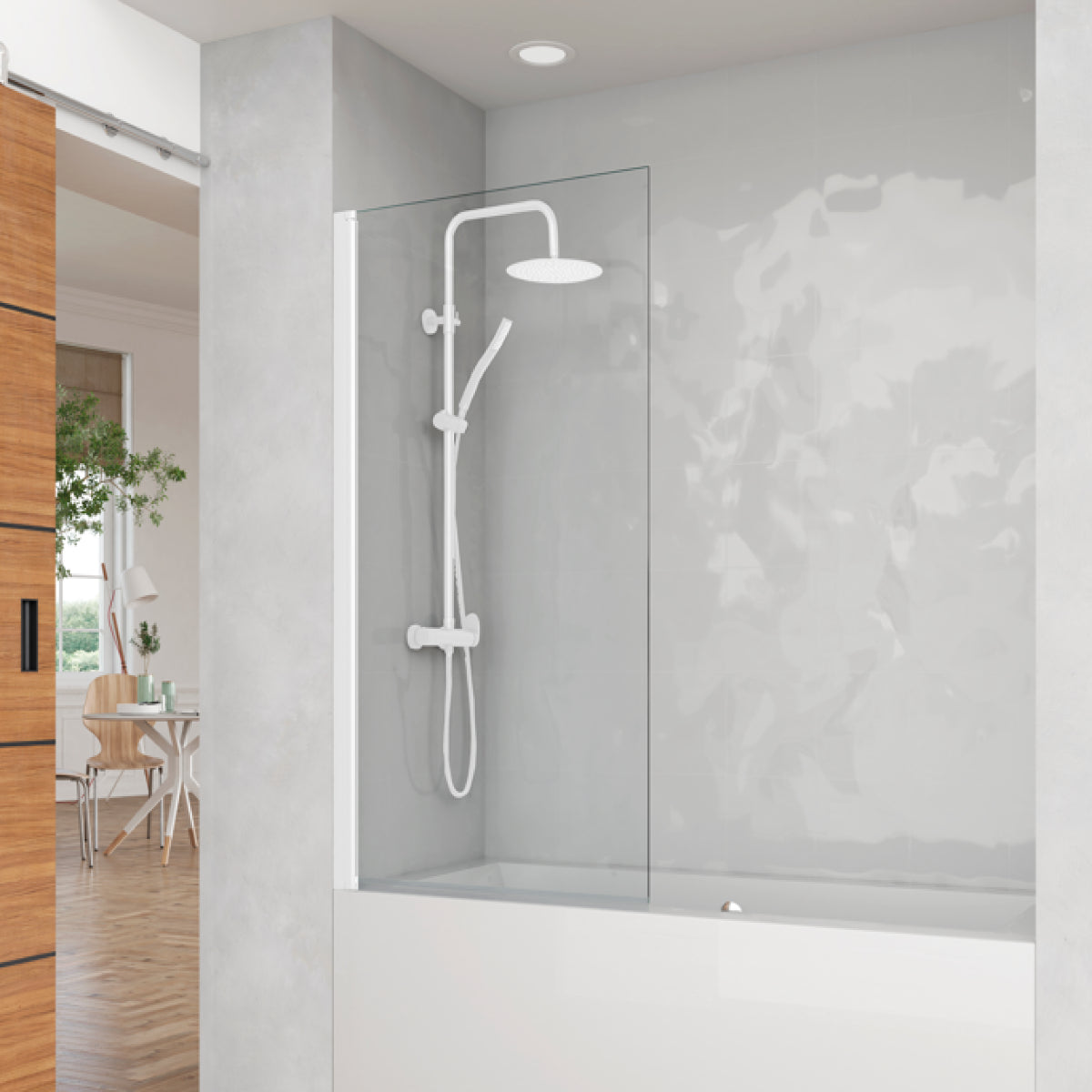 Mampara de bañera DENIA Becrisa panel transparente abatible, perfil blanco, diseño practico, Errefe Home