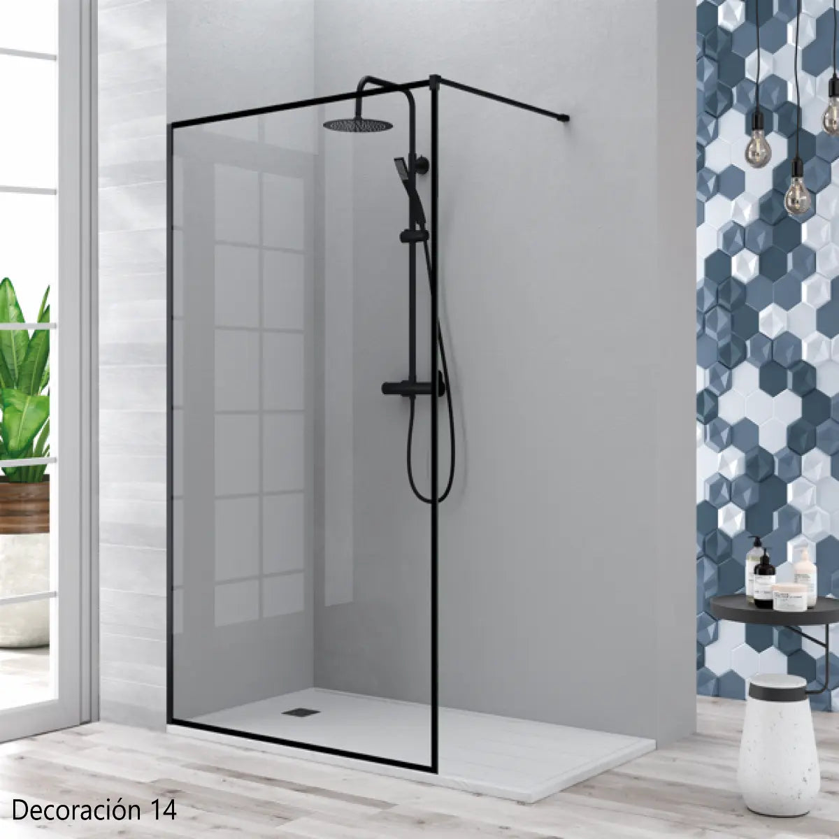 Mampara de ducha Manacor Becrisa, vidrio fijo decorativo perimetral con perfil en negro mate, estilo elegante y práctico, Errefe Home