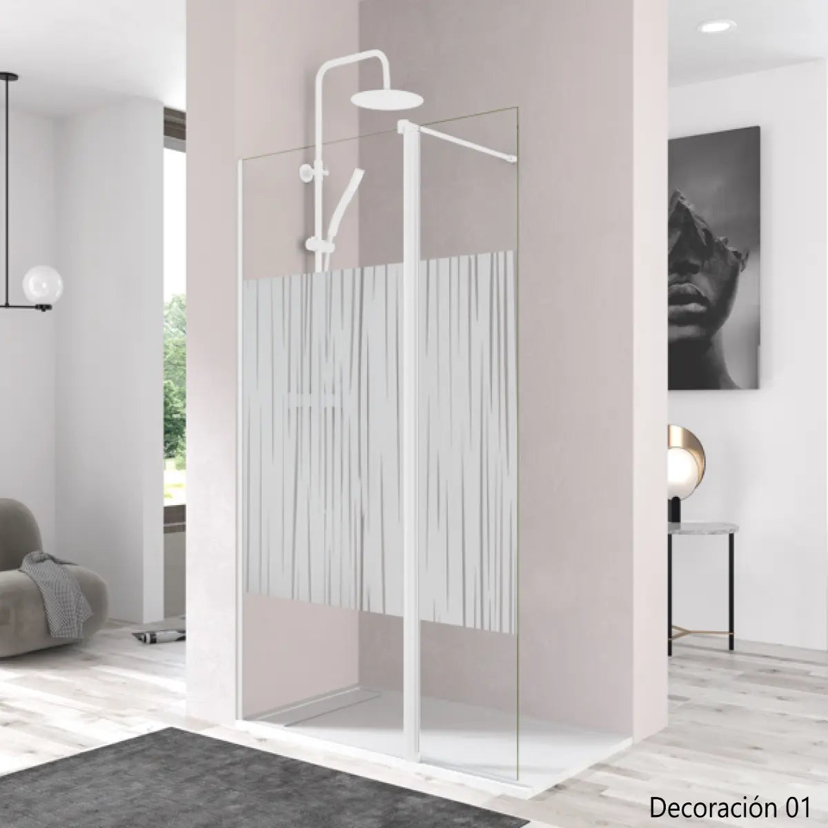 Mampara de ducha DENIA Becrisa vidrios decorativos, fijo + extensión abatible, perfil blanco, diseño moderno y funcional, Errefe Home