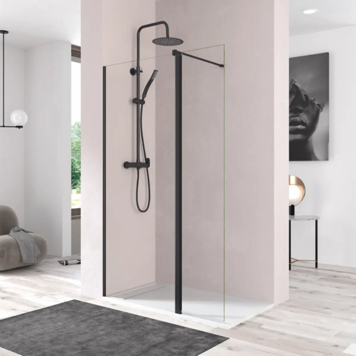 Mampara de ducha DENIA Becrisa vidrios transparentes, fijo + extensión abatible, perfil negro, diseño moderno y funcional, Errefe Home