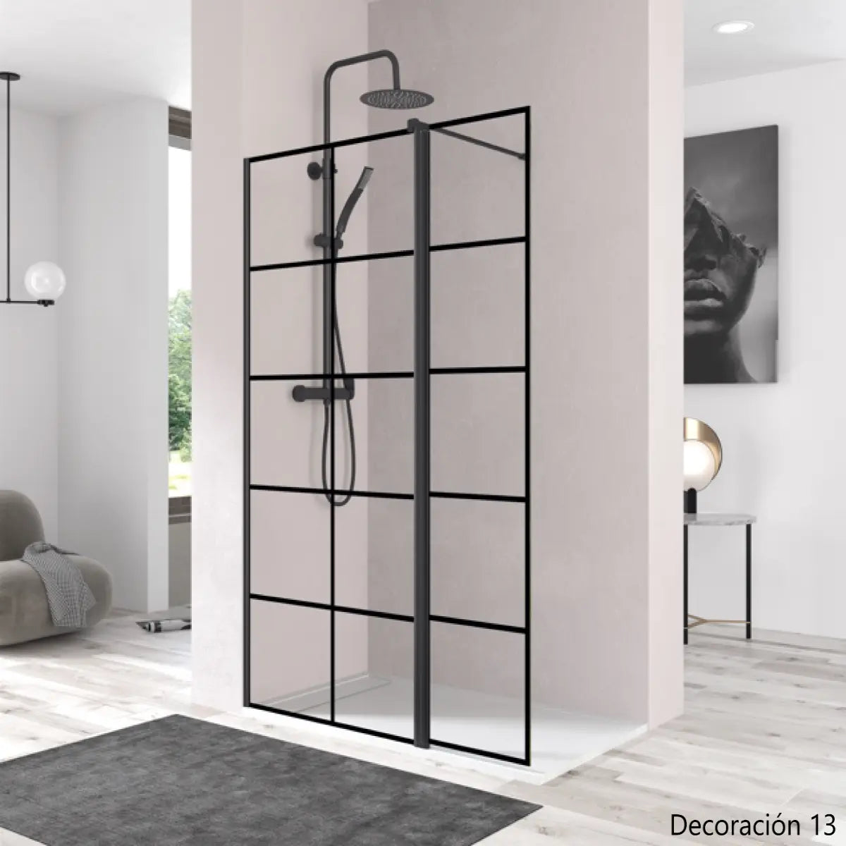Mampara de ducha Denia Becrisa, vidrio fijo decorativo en cuadros con extensión abatible, perfil negro mate, diseño premium y singular, Errefe Home