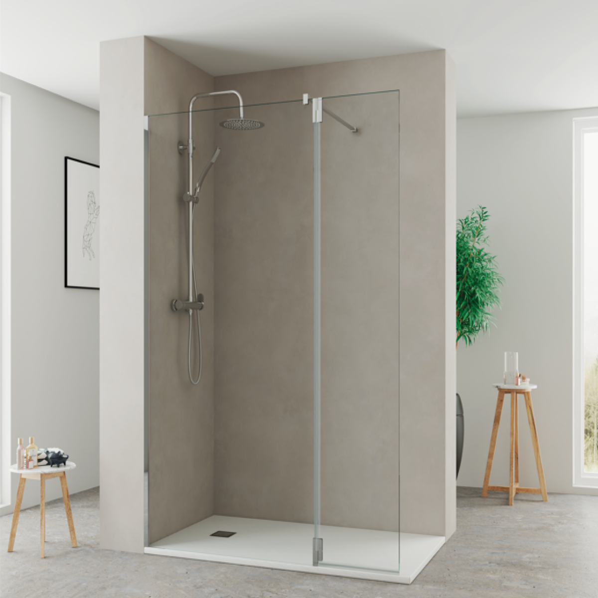 Puerta abatible de vidrio transparente para mampara de ducha panel fijo Extended Kassandra, herrajes en blanco, diseño contemporáneo y elegante, Errefe Home