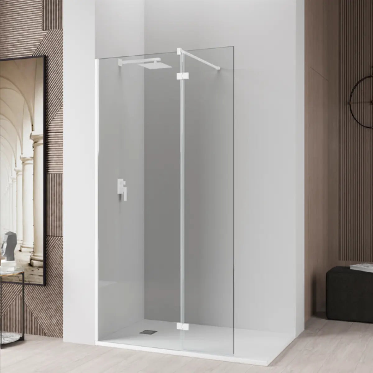 Mampara de ducha ZAHARA Becrisa vidrios transparentes, fijo + extensión abatible con bisagra y perfil blanco, diseño minimalista y estilizado, Errefe Home