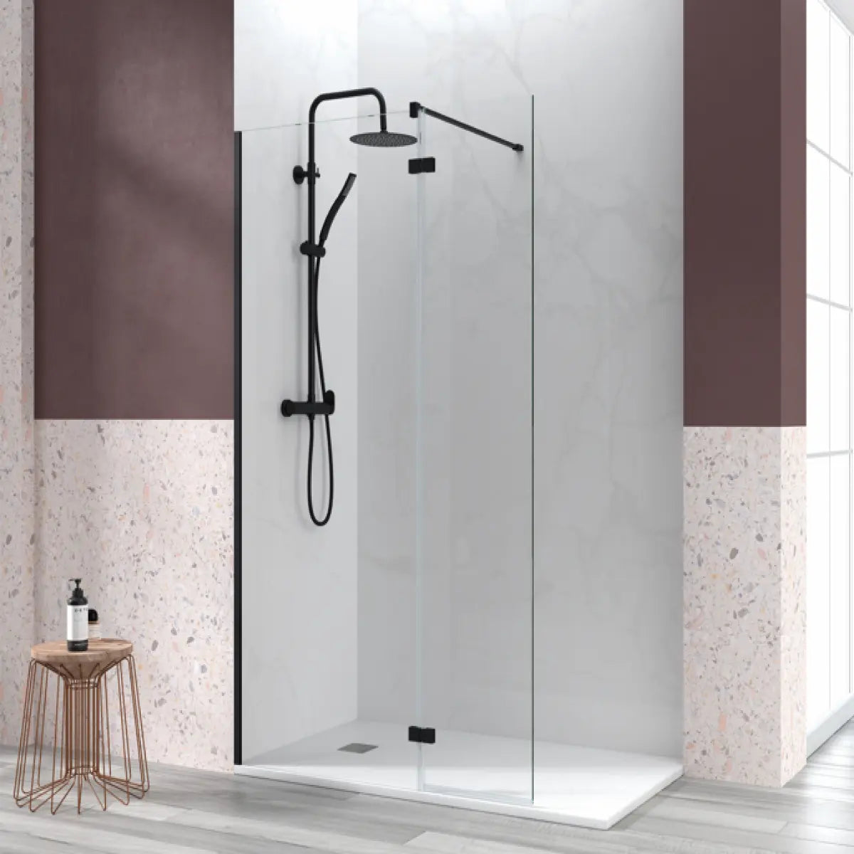 Mampara de ducha ZAHARA Becrisa vidrios transparentes, fijo + extensión abatible con bisagra y perfil negro, diseño minimalista y estilizado, Errefe Home