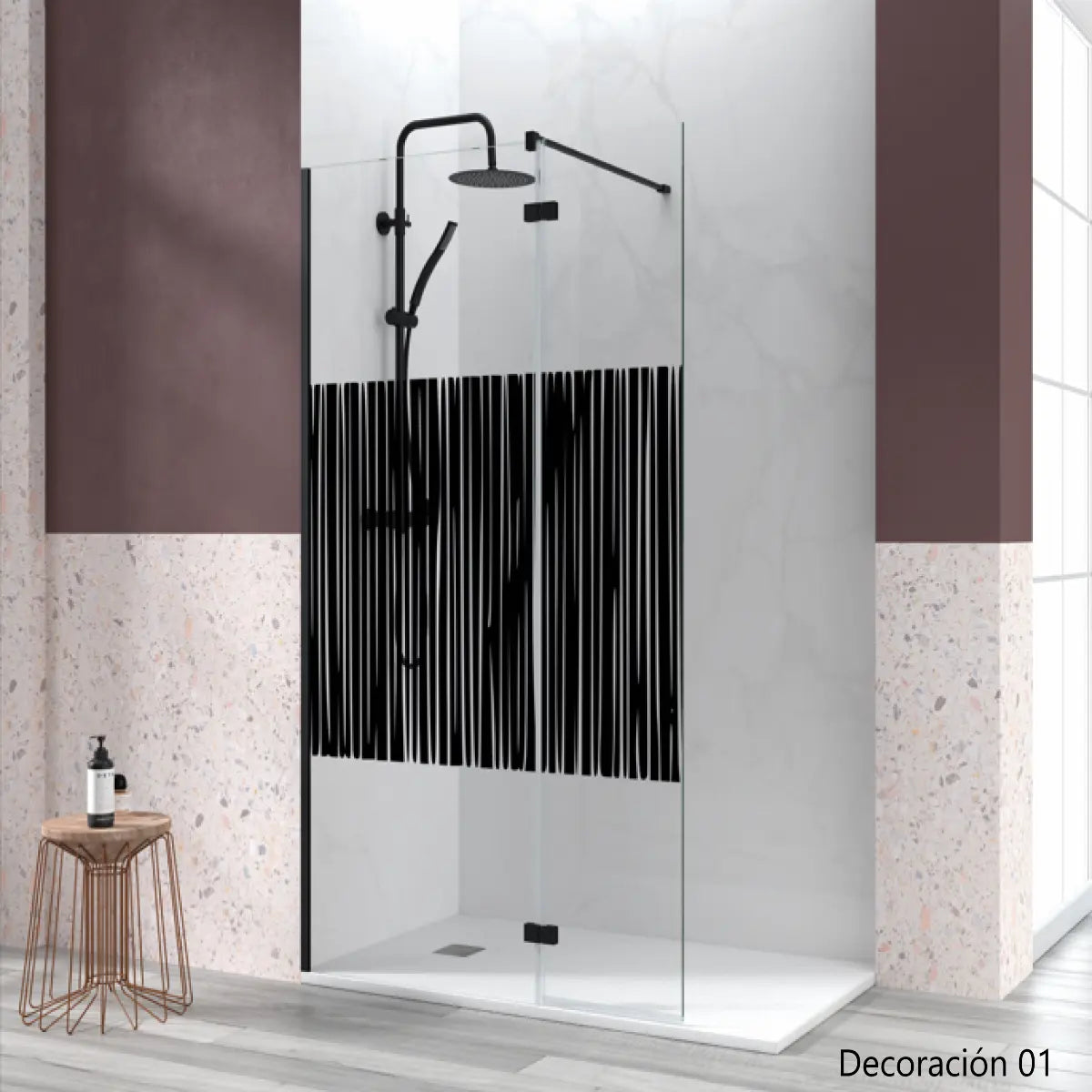 Mampara de ducha ZAHARA Becrisa vidrios decorativos, fijo + extensión abatible con bisagra y perfil negro, diseño moderno y funcional, Errefe Home