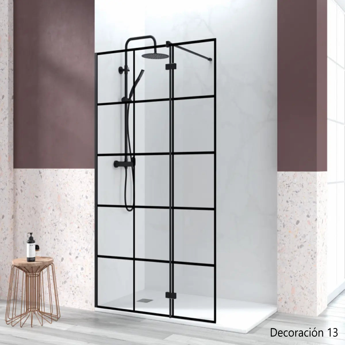 Mampara de ducha Denia Becrisa, vidrio fijo decorativo en cuadros con extensión abatible, perfil negro mate, diseño moderno y singular, Errefe Home