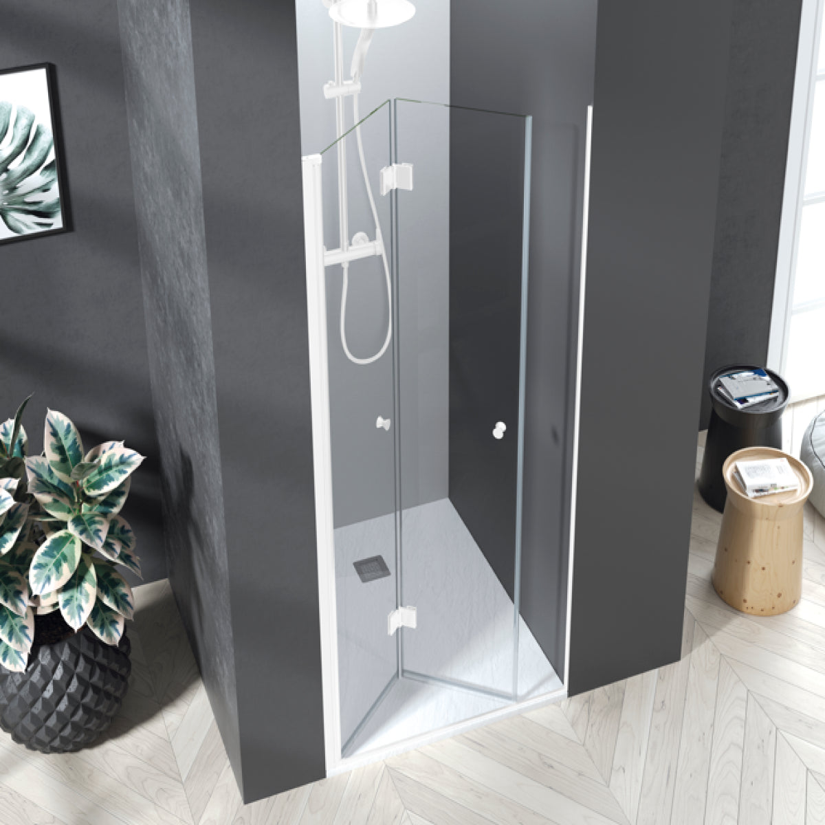 Mampara de ducha NIJAR Becrisa, 1 puerta plegable, perfil blanco, diseño minimalista, Errefe Home