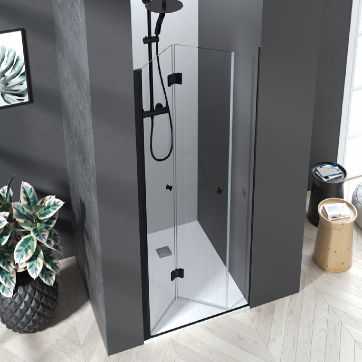 Mampara de ducha NIJAR Becrisa, 1 puerta plegable, perfil negro, diseño moderno, Errefe Home