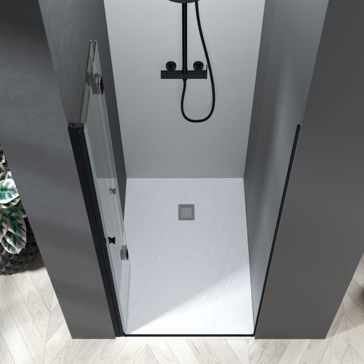 Mampara de ducha NIJAR Becrisa, 1 puerta plegable, perfil negro, diseño minimalista, Errefe Home