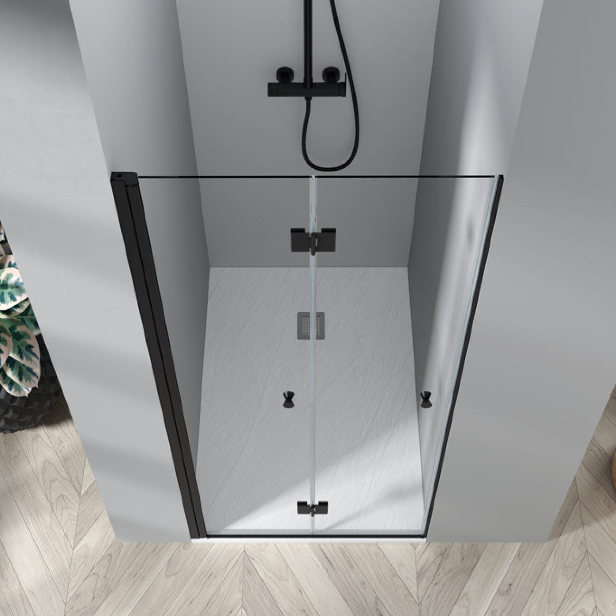 Mampara de ducha NIJAR Becrisa, 1 puerta plegable, perfil y bisagras en negro, diseño minimalista, Errefe Home