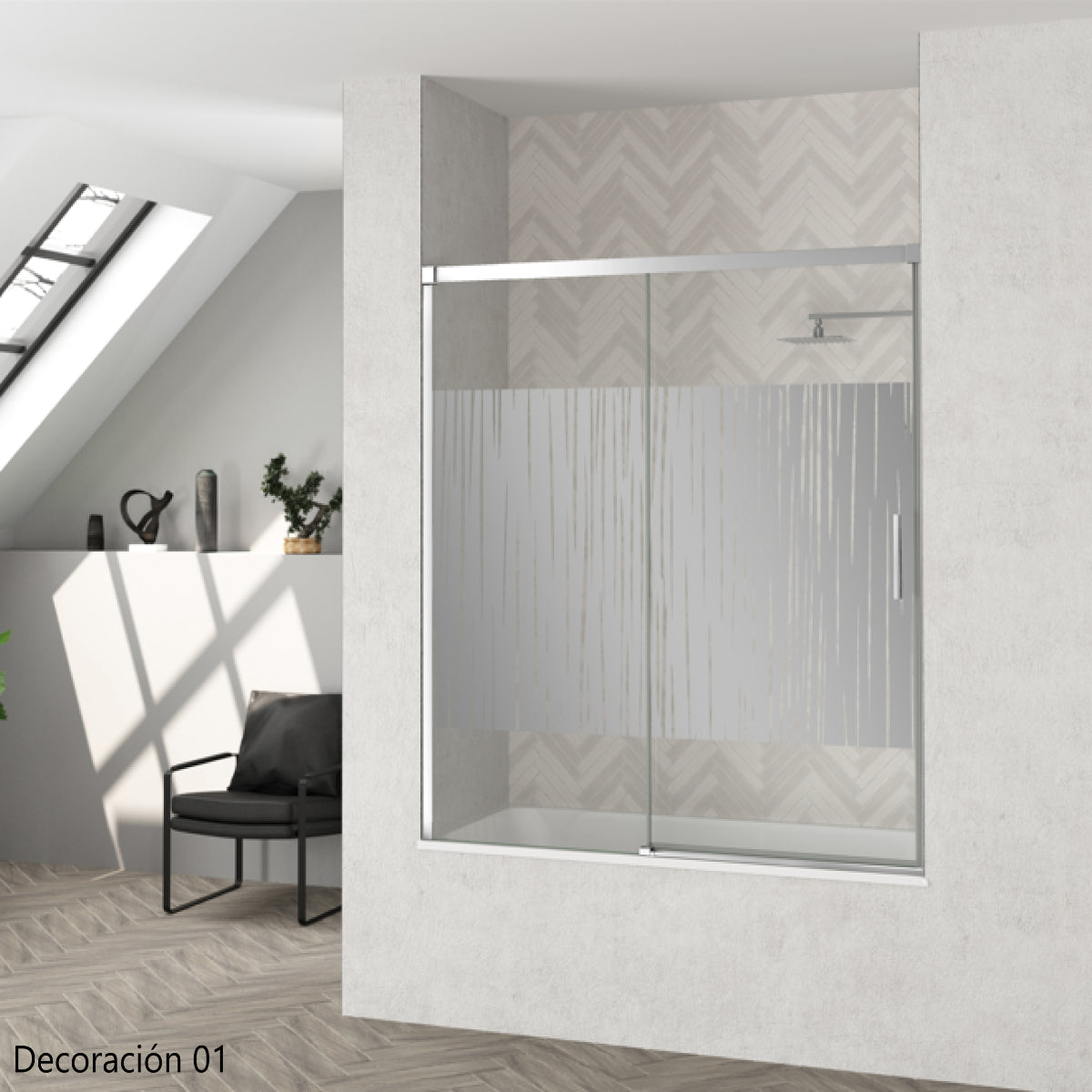 Mampara de bañera YAIZA Becrisa 2 puertas correderas vidrios decorativos, peril cromo, diseño minimalista Errefe Home