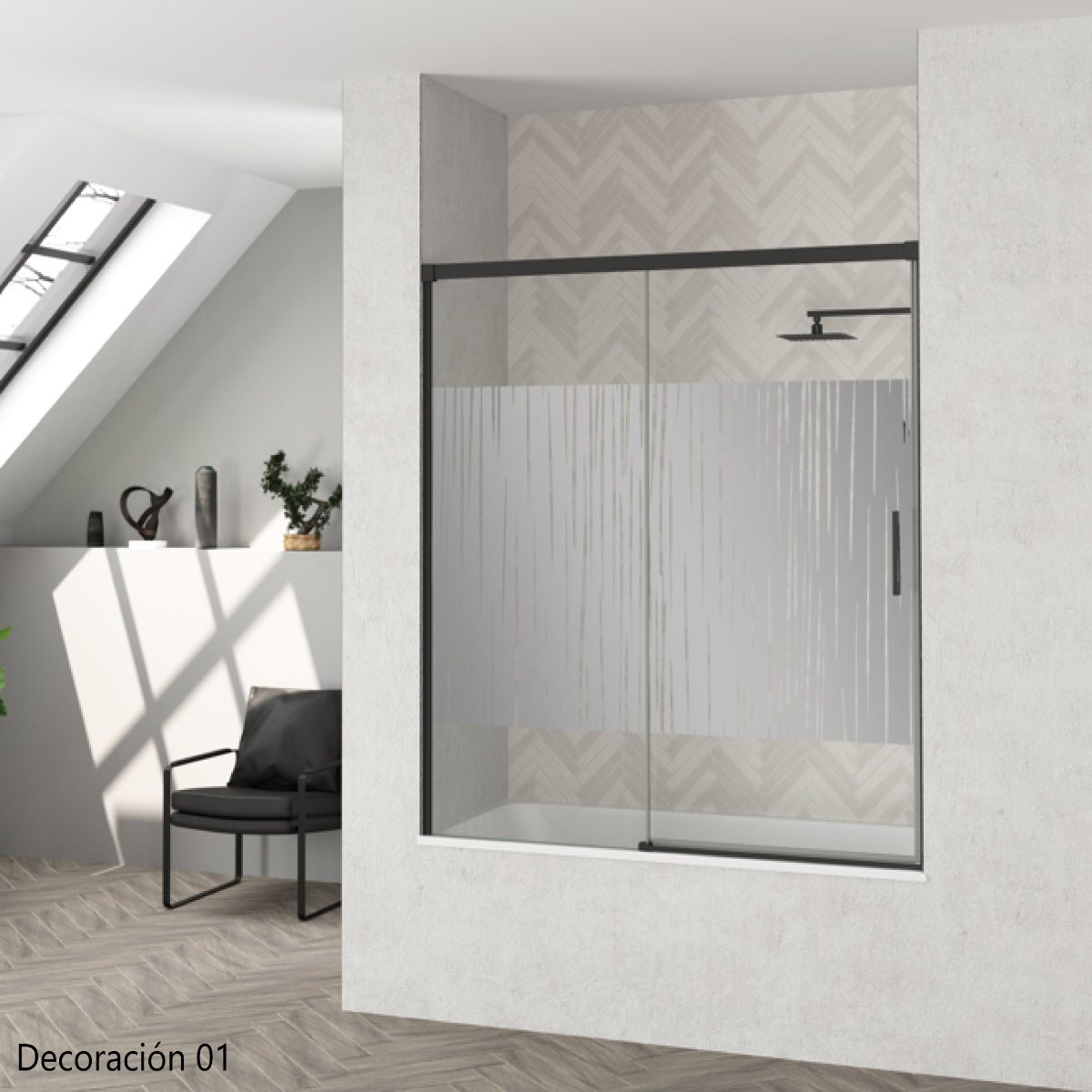 Mampara de bañera YAIZA Becrisa 2 puertas correderas vidrios decorativos, peril negro, diseño minimalista Errefe Home