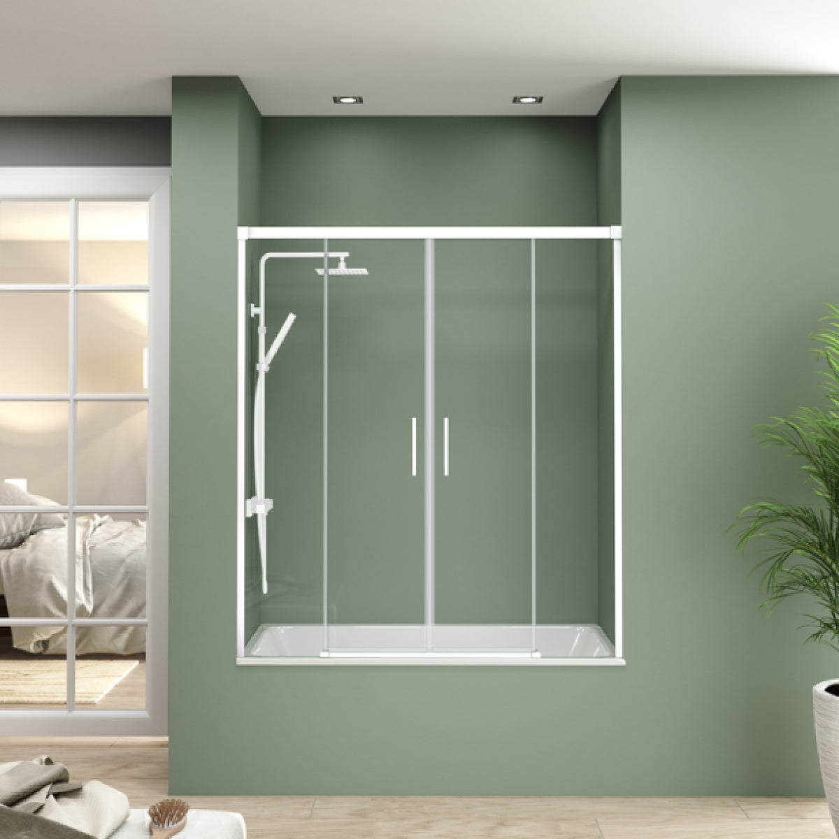 Mampara de bañera YAIZA Becrisa vidrios transparentes, 2 puertas correderas, 2 fijos, peril blanco, diseño minimalista Errefe Home
