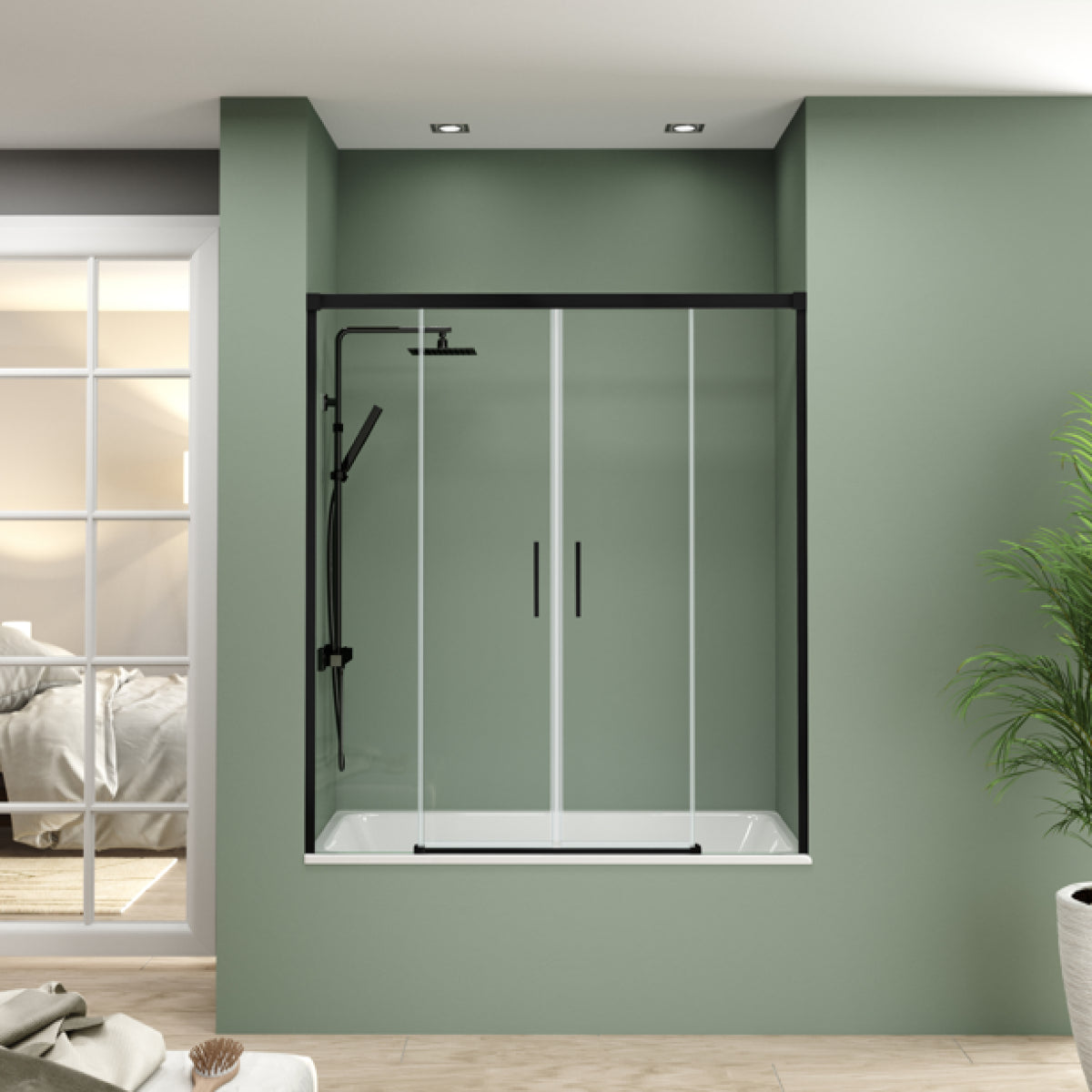 Mampara de bañera YAIZA Becrisa vidrios transparentes, 2 puertas correderas, 2 fijos, peril negro, diseño minimalista Errefe Home