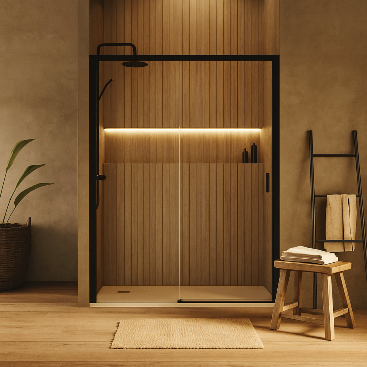 Mampara baño Tokio frontal 1 corredera 1 fijo negro diseño moderno Errefe Home