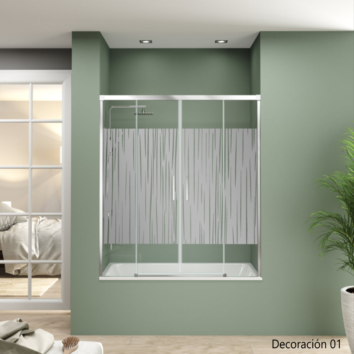 Mampara de bañera YAIZA Becrisa 2 puertas correderas, 2 fijos decorativos, peril cromo, diseño minimalista Errefe Home