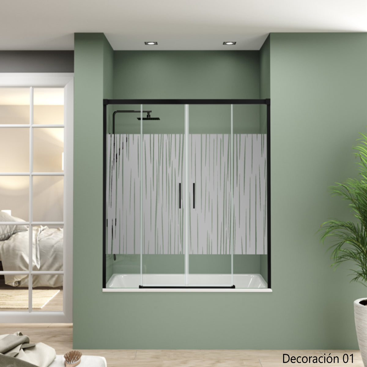 Mampara de bañera YAIZA Becrisa 2 puertas correderas, 2 fijos decorativos, peril negro mate, diseño minimalista Errefe Home