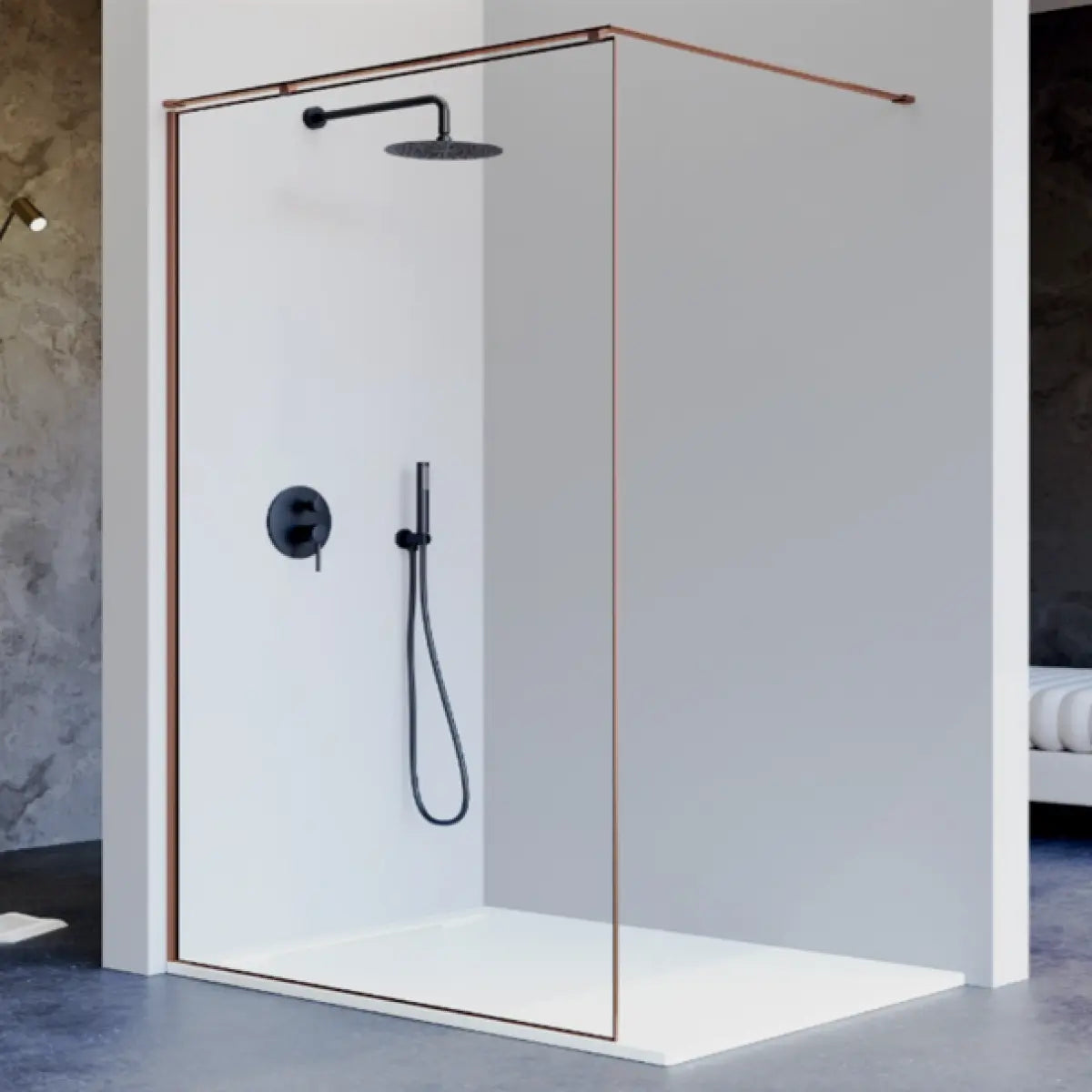 Mampara de ducha fija Fresh Arena Kassandra, vidrio transparente, perfil en bronce cepillado, estilo elegante, diseño minimalista, Errefe Home