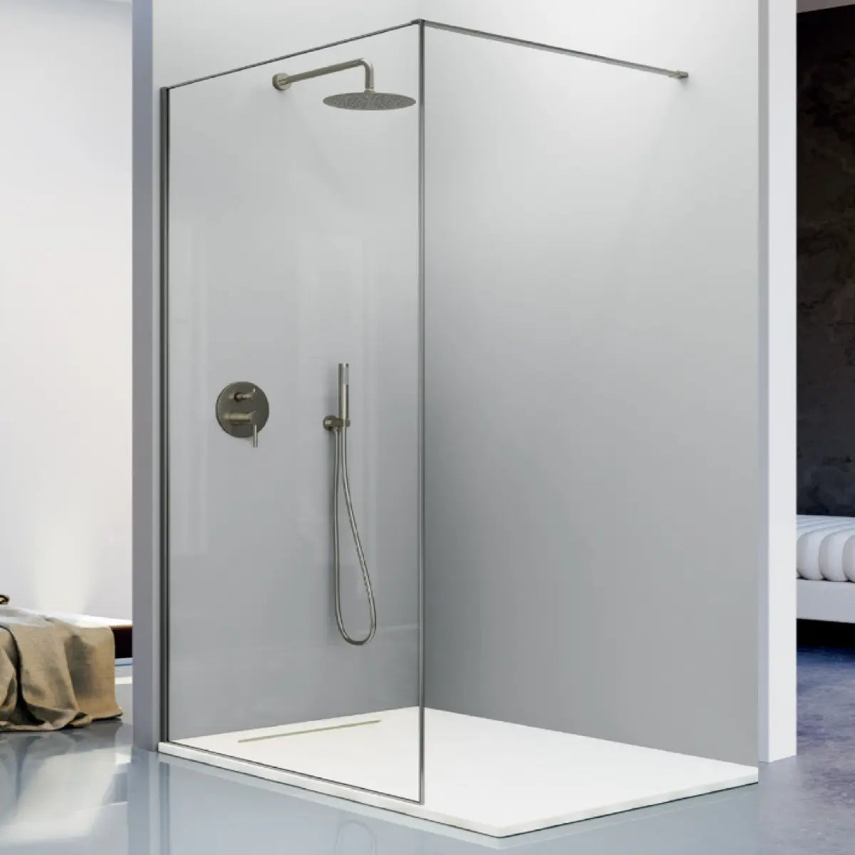 Mampara de ducha fija Fresh Arena Kassandra, vidrio transparente, perfil en gun metal, estilo elegante, diseño minimalista, Errefe Home