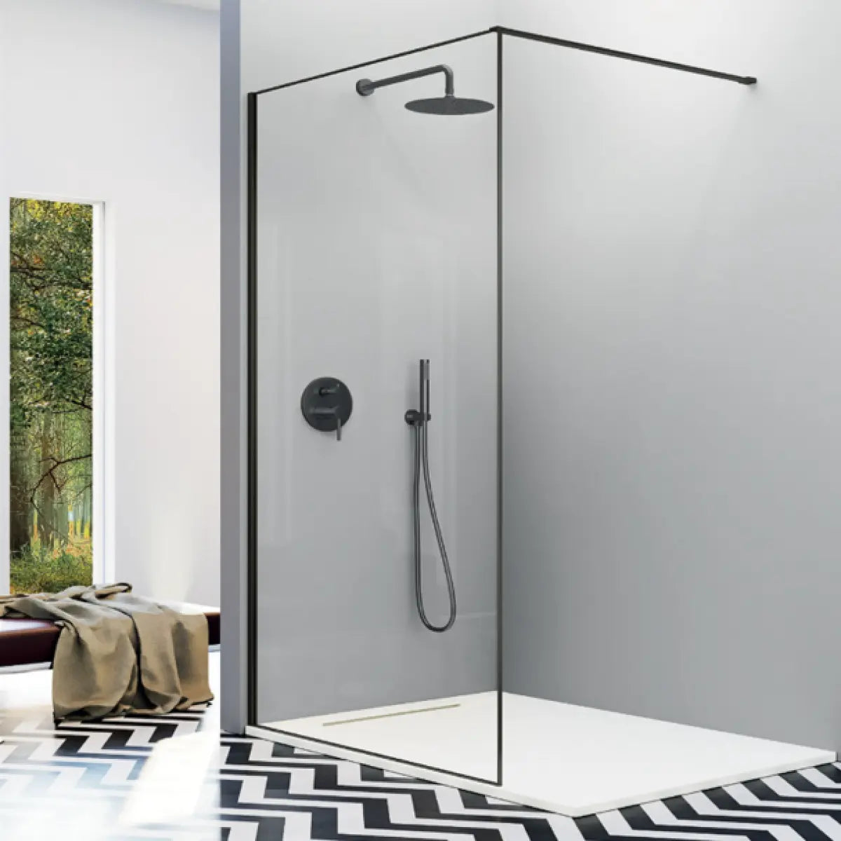 Mampara de ducha fija Fresh Arena Kassandra, vidrio transparente, perfil en negro mate, estilo elegante, diseño minimalista, Errefe Home