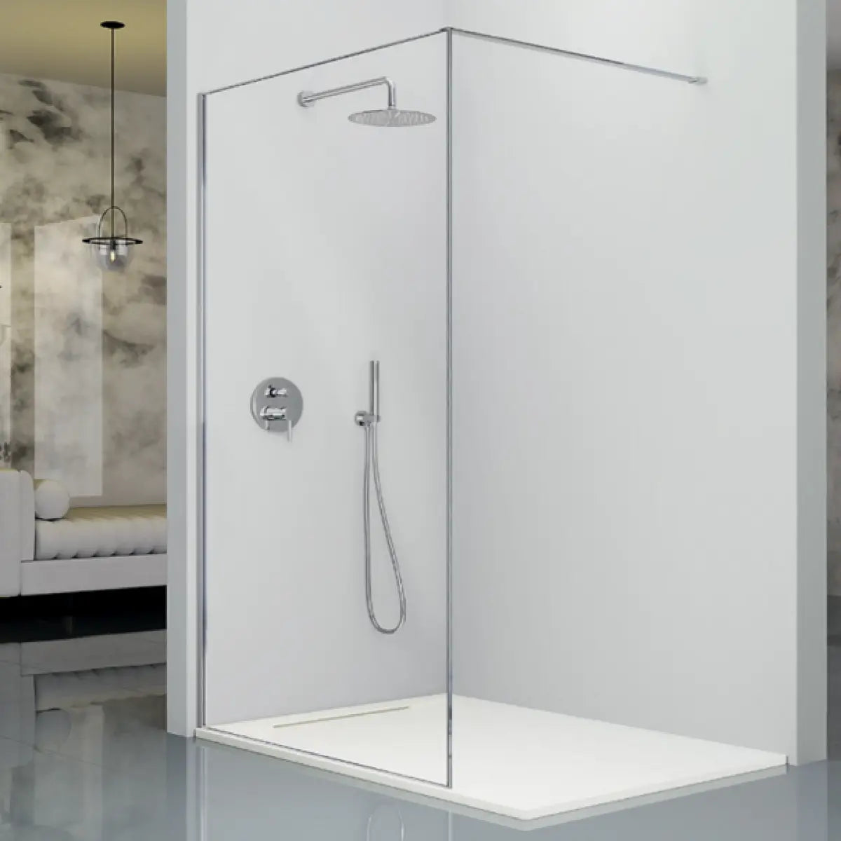 Mampara de ducha fija Fresh Arena Kassandra, vidrio transparente, perfil en plata brillo, estilo elegante, diseño minimalista, Errefe Home
