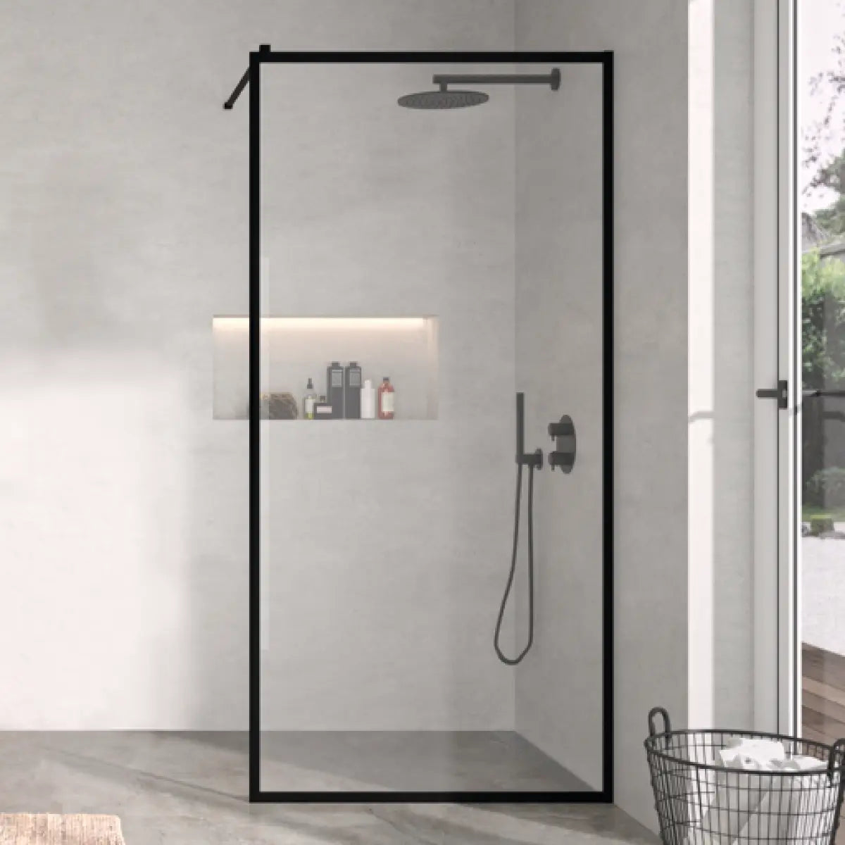 Mampara de ducha Fresh Kassandra, panel fijo con cerco perimetral en negro mate, vidrio transparente, diseño contemporáneo y elegante, Errefe Home