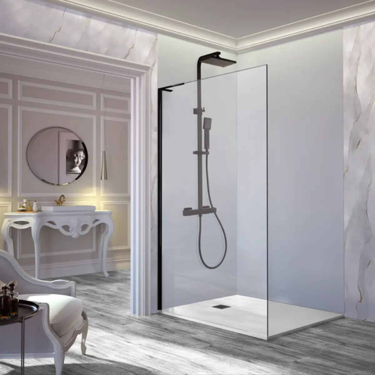 Mampara de ducha Fresh Kassandra, panel fijo de vidrio transparente con escuadra en plata brillo, diseño contemporáneo y elegante, Errefe Home