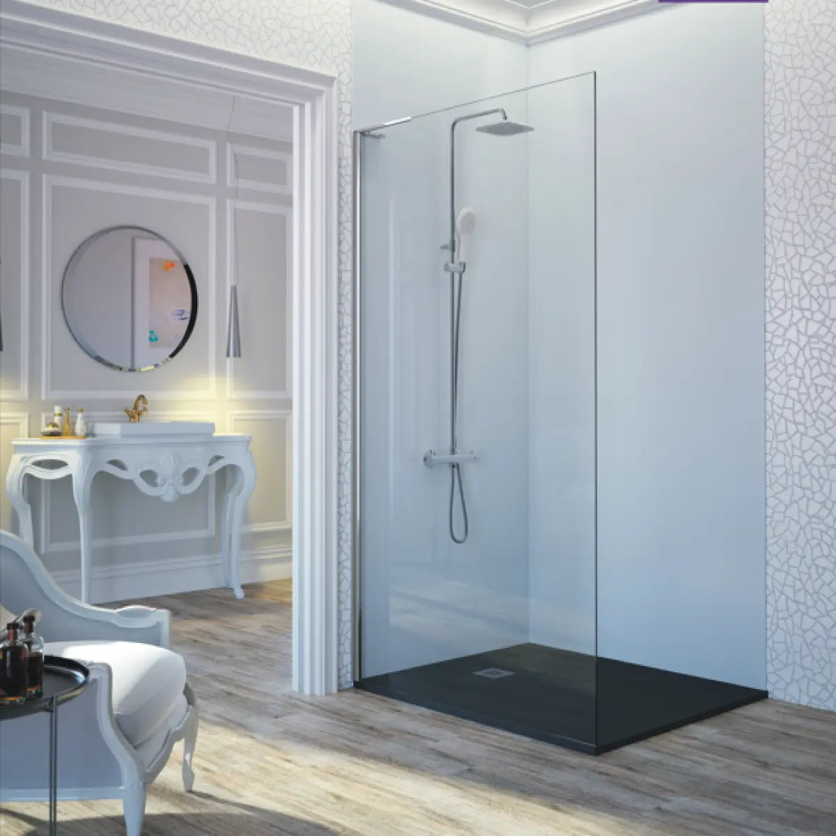Mampara de ducha Fresh Kassandra, panel fijo de vidrio transparente con escuadra en plata brillo, diseño contemporáneo y elegante, Errefe Home