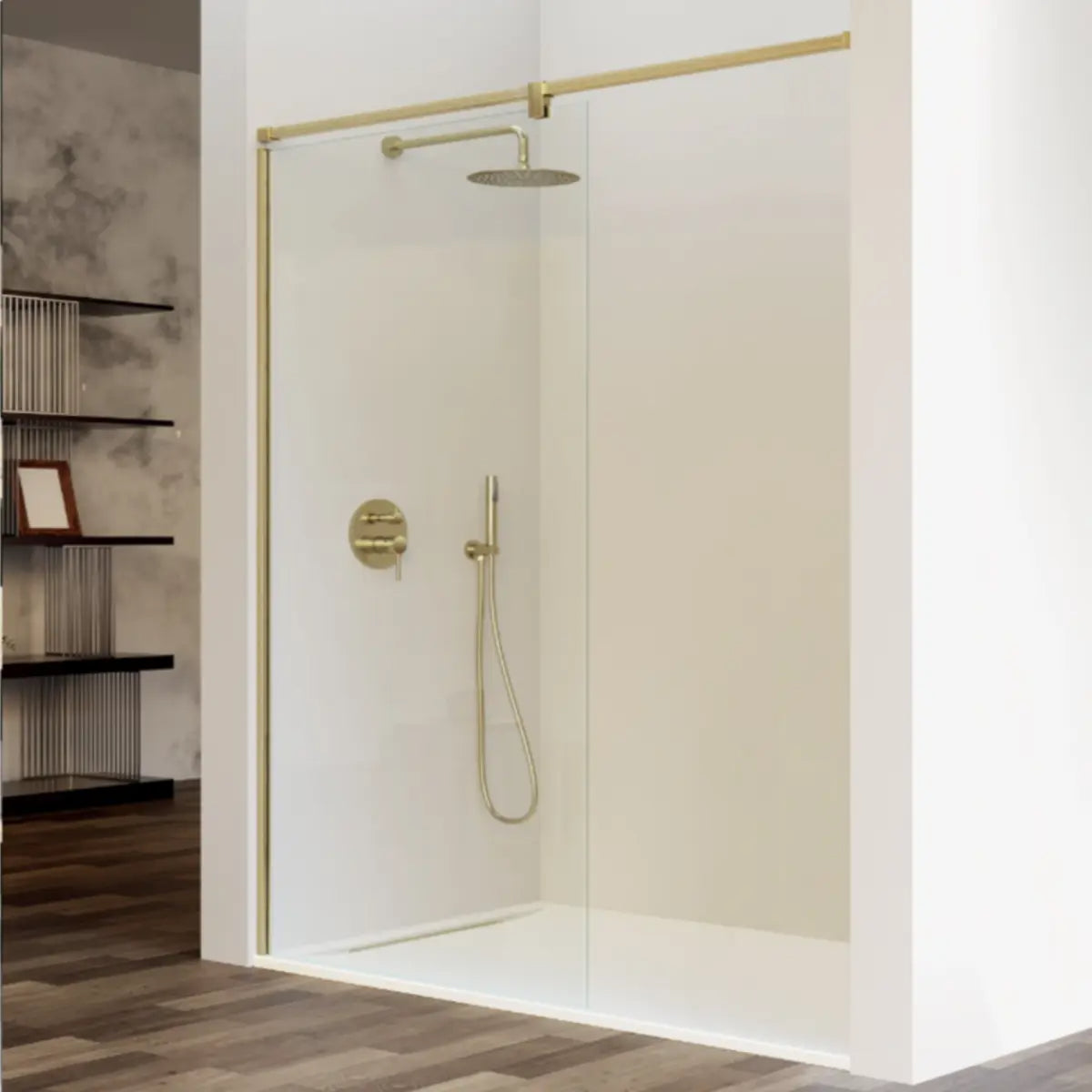 Mampara de ducha Fresh Salomon Kassandra, vidrio fijo perfiles en inox oro cepillado, diseño funcional y versátil, Errefe Home