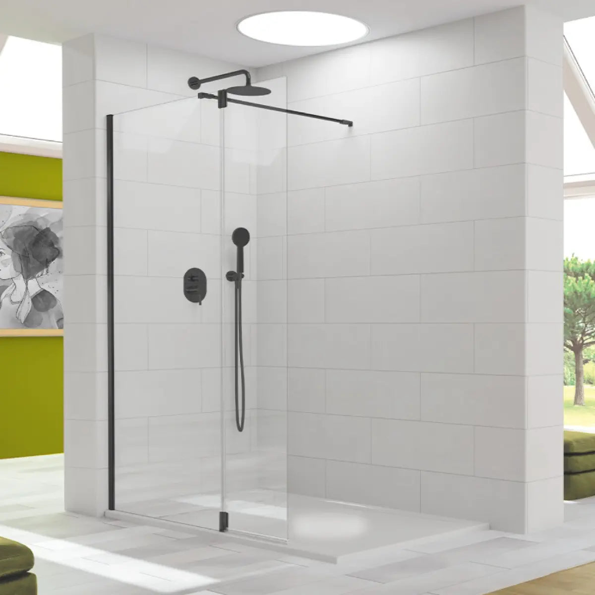 Mampara de ducha TUTTI Kassandra vidrios transparentes, fijo + extensión abatible con bisagra y perfil negro, diseño innovador y avanzado, Errefe Home