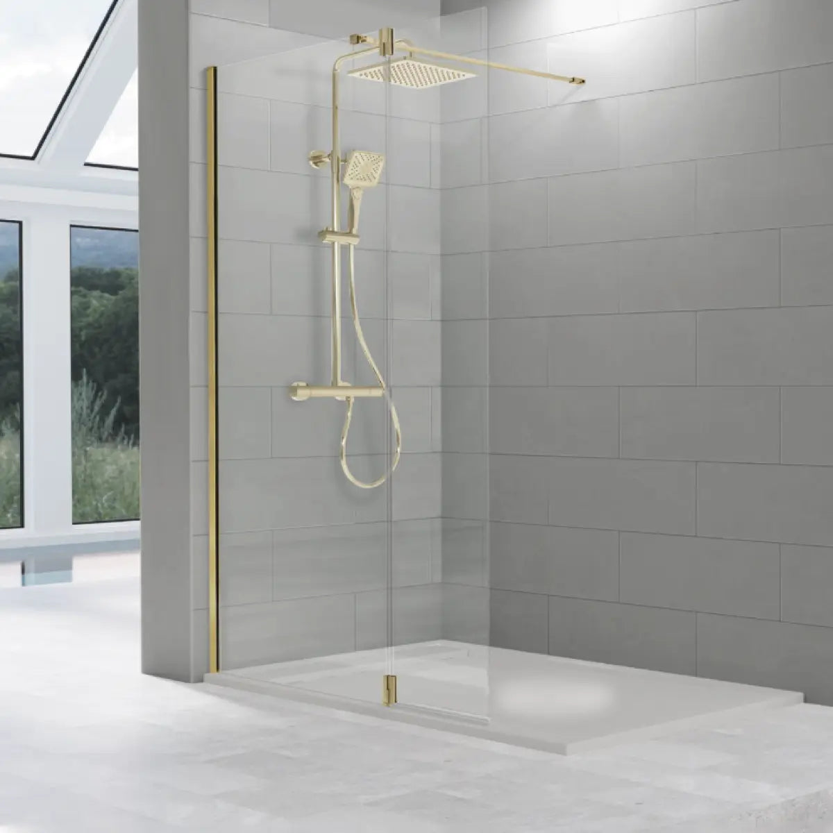 Mampara de ducha TUTTI Kassandra vidrios transparentes, fijo + extensión abatible con bisagra y perfil oro cepillado, diseño innovador y avanzado, Errefe Home