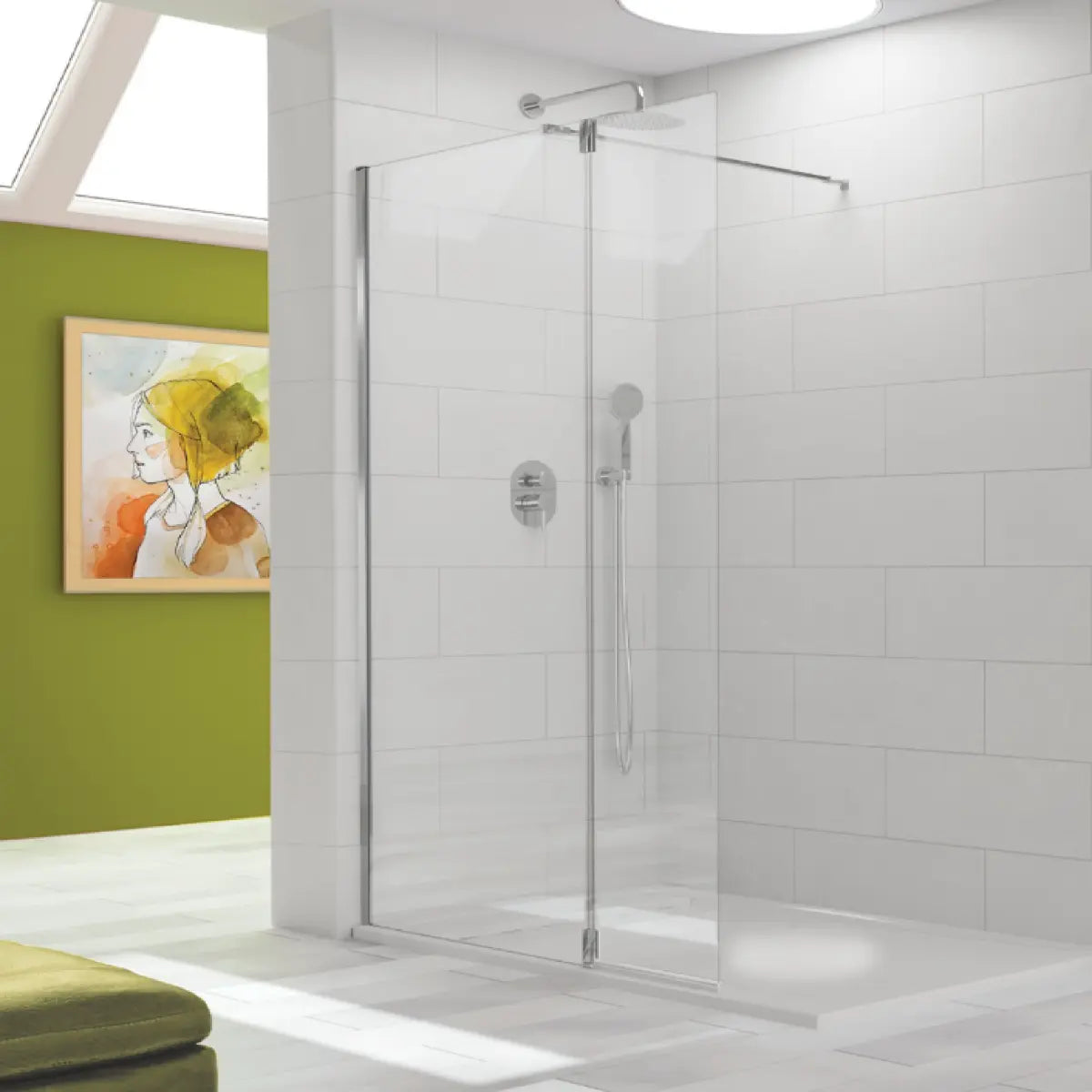 Mampara de ducha TUTTI Kassandra vidrios transparentes, fijo + extensión abatible con bisagra y perfil plata brillo, diseño innovador y avanzado, Errefe Home