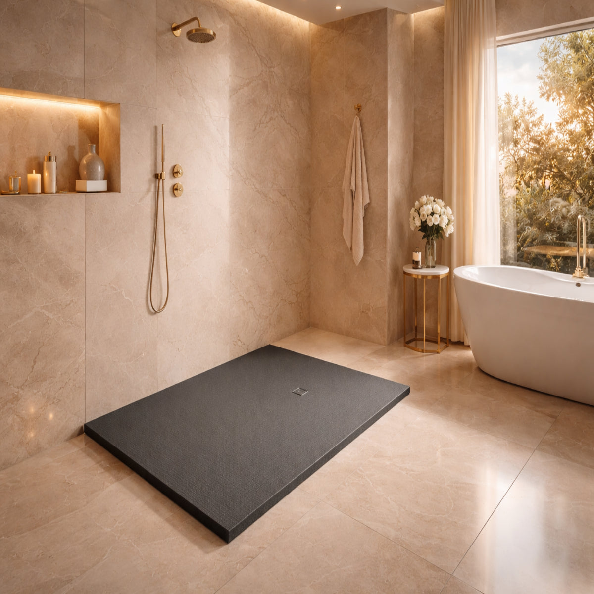 Plato de ducha Gel Coat Formentera Becrisa, acabado piedra, color antracita, antideslizante, higiénico y duradero, Errefe Home